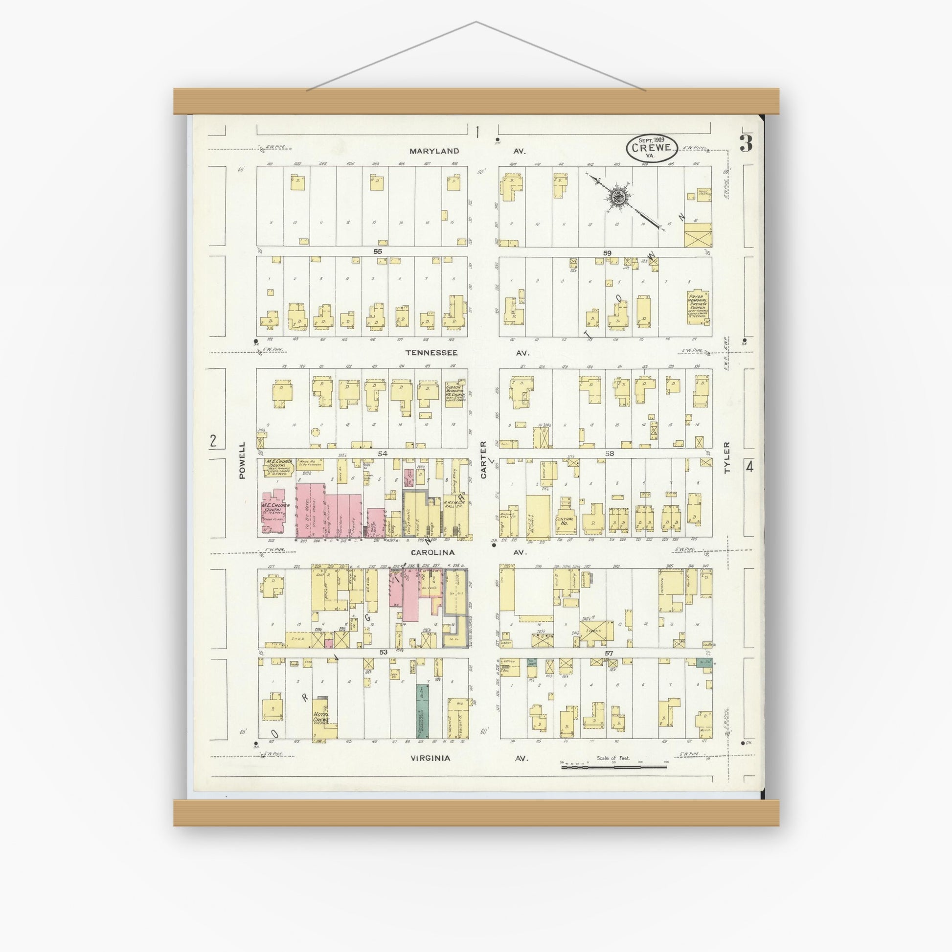 Old map wall art mockup — magnetic wood frame on white wall — Sanborn Fire Insurance Map from Crewe, Nottoway County, Virginia (1909), Sheet #0003