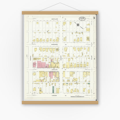 Old map wall art mockup — magnetic wood frame on white wall — Sanborn Fire Insurance Map from Crewe, Nottoway County, Virginia (1909), Sheet #0003