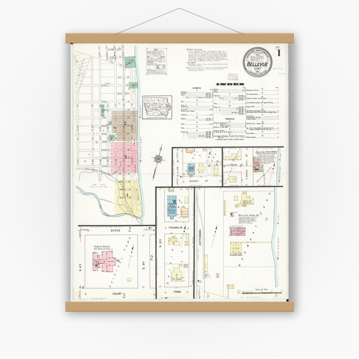 Old map wall art mockup — magnetic wood frame on white wall — Sanborn Fire Insurance Map from Bellevue, Jackson County, Iowa (1914) â€” Complete Set