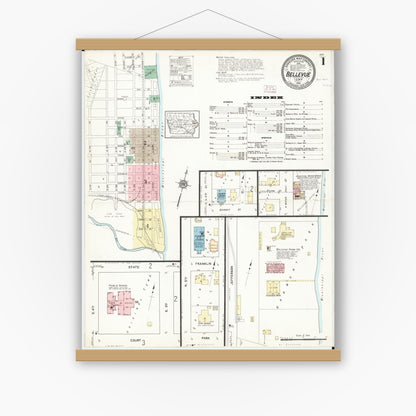 Old map wall art mockup — magnetic wood frame on white wall — Sanborn Fire Insurance Map from Bellevue, Jackson County, Iowa (1914) â€” Complete Set