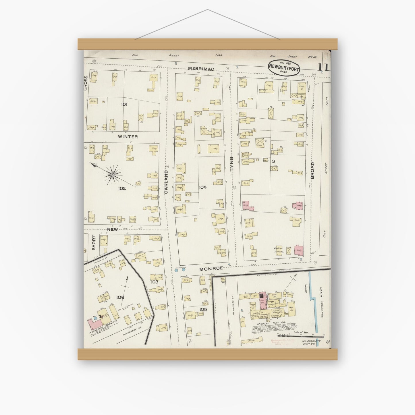 Old map wall art mockup — magnetic wood frame on white wall — Sanborn Fire Insurance Map from Newburyport, Essex County, Massachusetts (1888), Sheet #0011