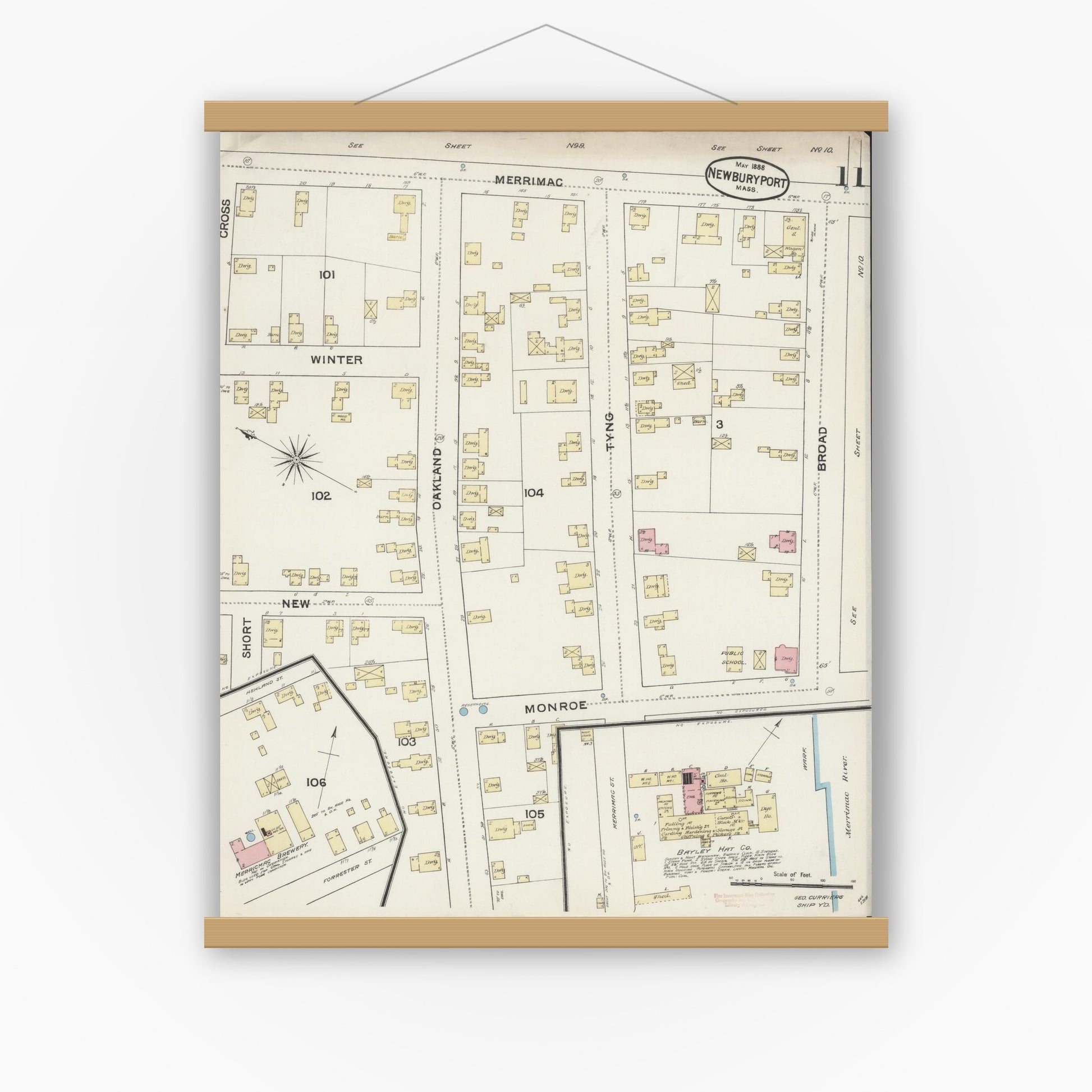Old map wall art mockup — magnetic wood frame on white wall — Sanborn Fire Insurance Map from Newburyport, Essex County, Massachusetts (1888), Sheet #0011