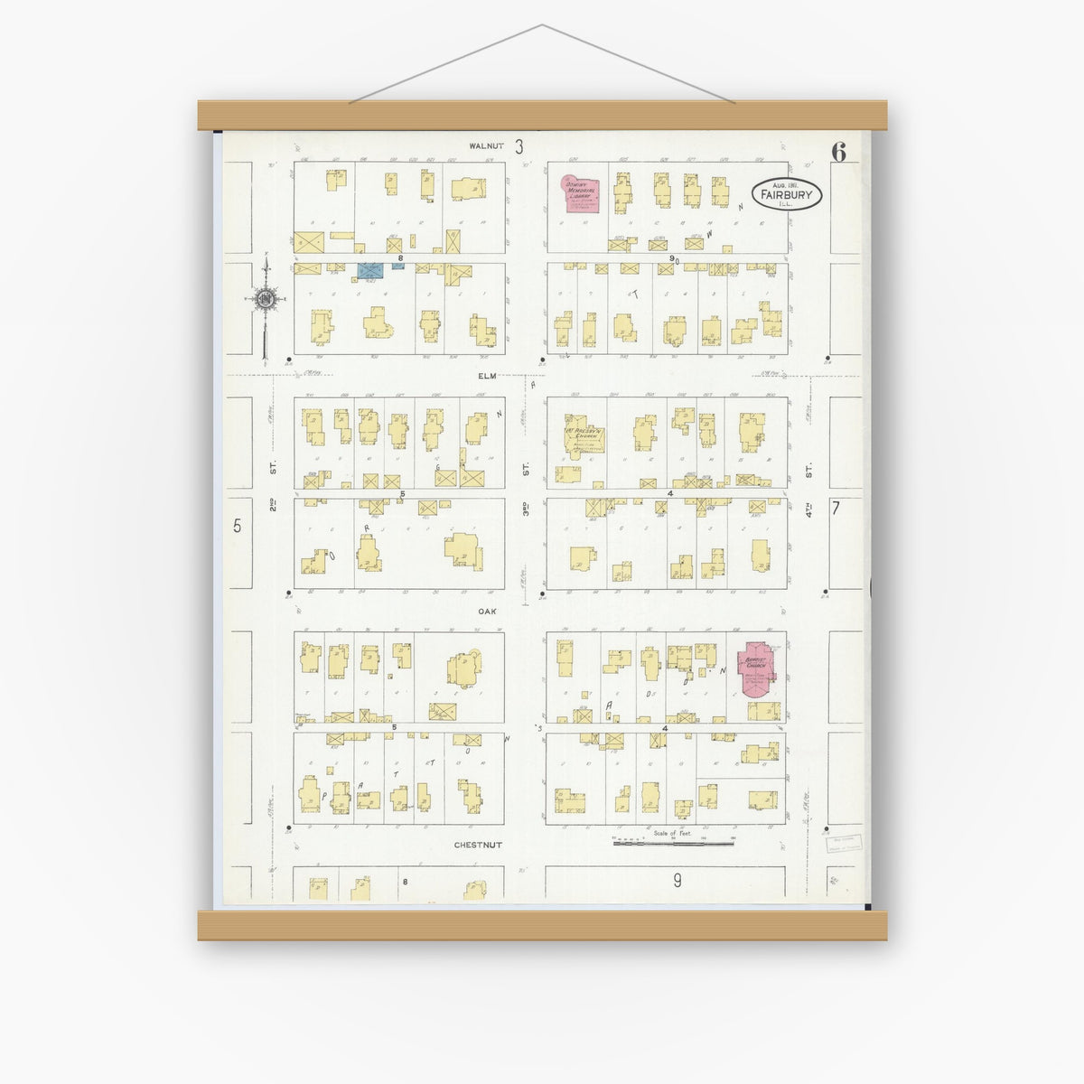 Old map wall art mockup — magnetic wood frame on white wall — Sanborn Fire Insurance Map from Fairbury, Livingston County, Illinois (1911), Sheet #0006