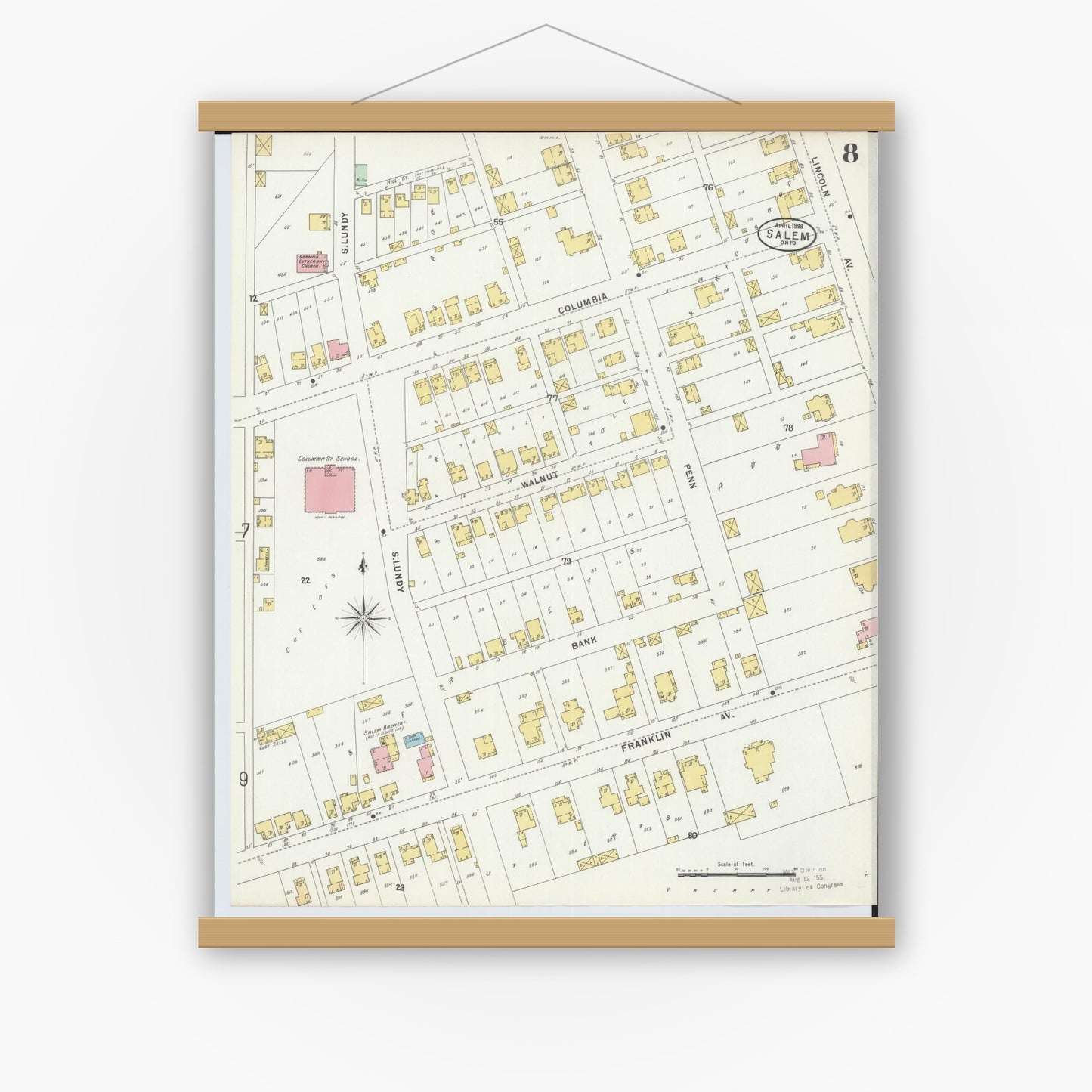 Old map wall art mockup — magnetic wood frame on white wall — Sanborn Fire Insurance Map from Salem, Columbiana County, Ohio (1898), Sheet #0008
