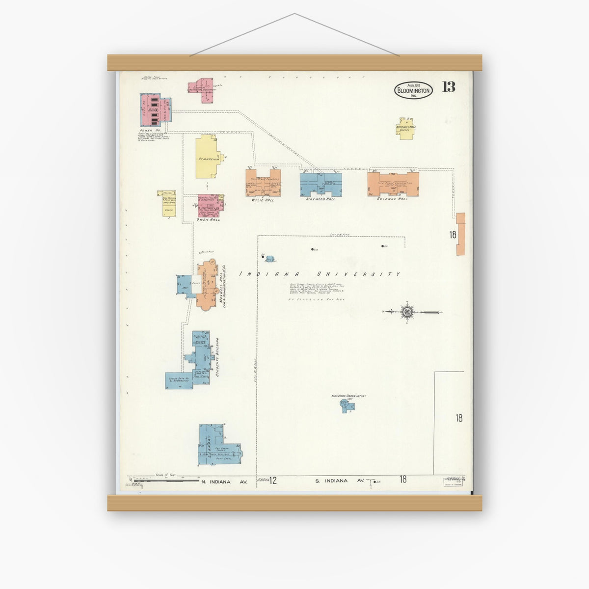 Old map wall art mockup — magnetic wood frame on white wall — Sanborn Fire Insurance Map from Bloomington, Monroe County, Indiana (1913), Sheet #0013