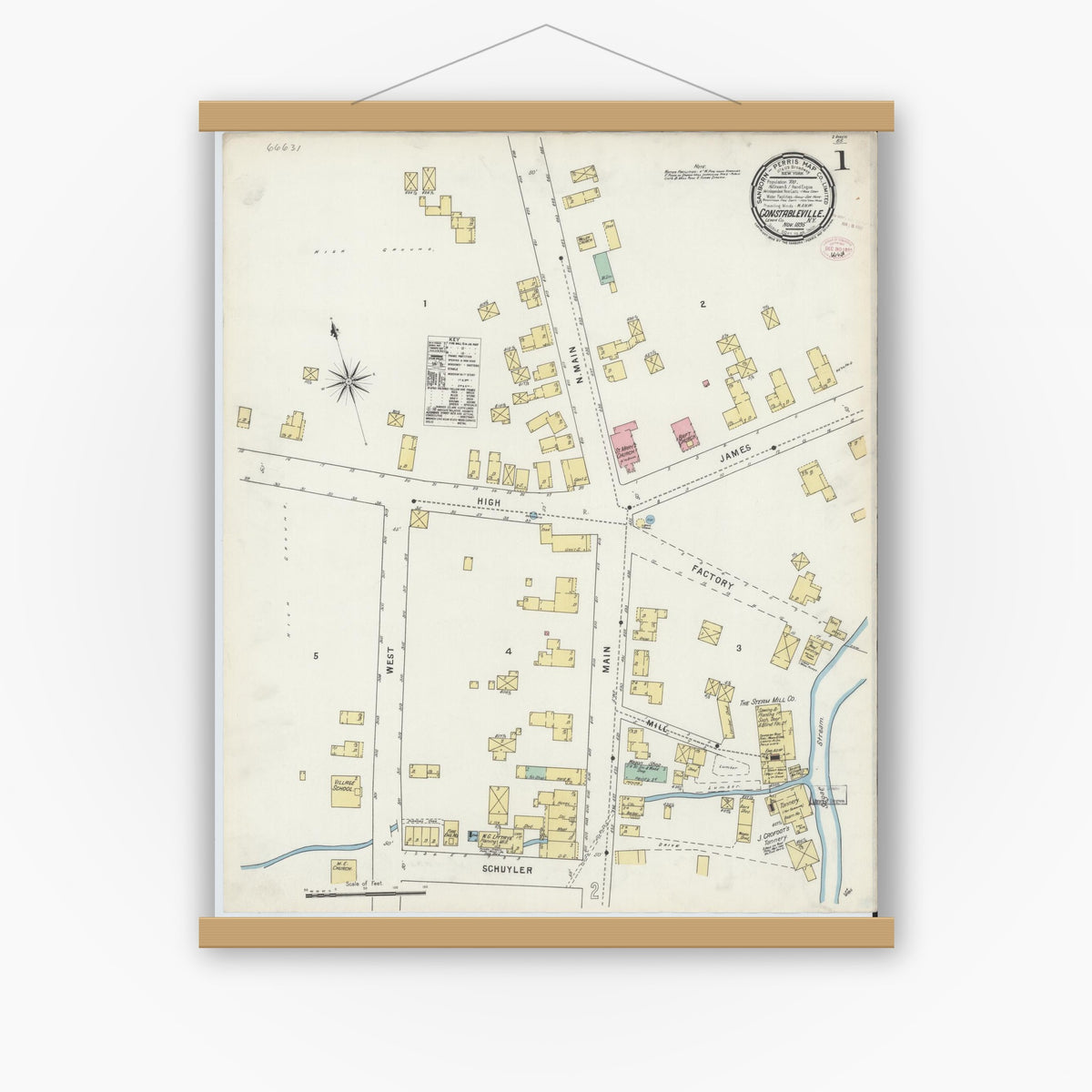 Old map wall art mockup — magnetic wood frame on white wall — Sanborn Fire Insurance Map from Constableville, Lewis County, New York (1895) - Complete Map Set