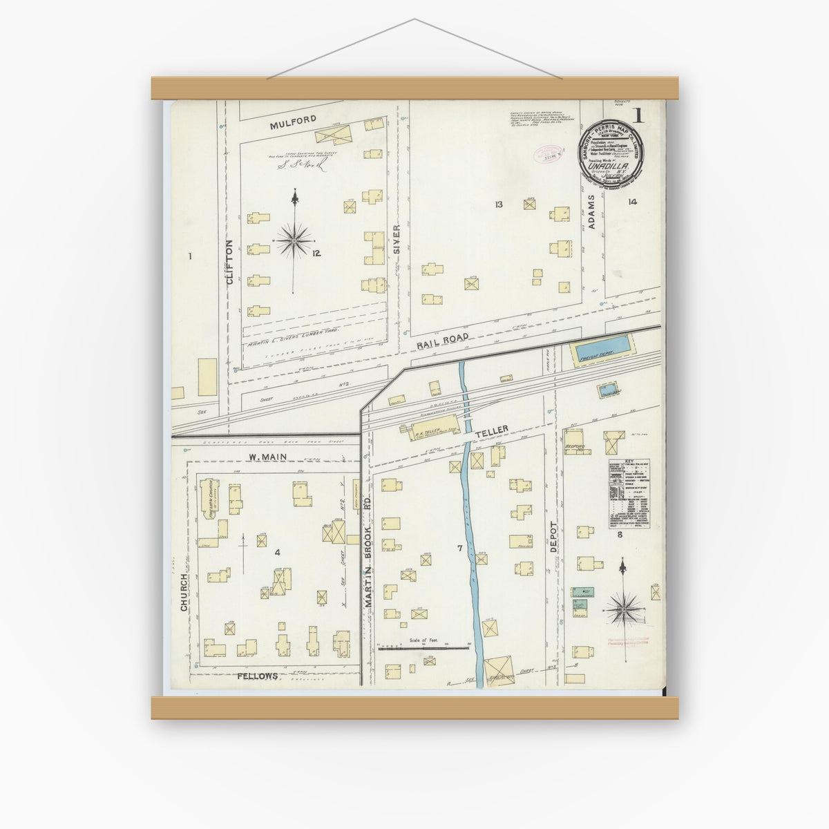 Old map wall art mockup — magnetic wood frame on white wall — Sanborn Fire Insurance Map from Unadilla, Otsego County, New York (1891) - Complete Map Set