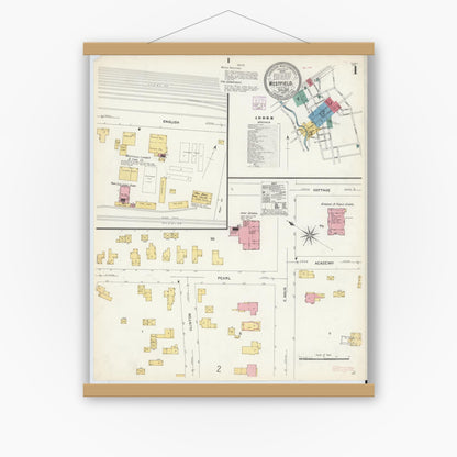 Old map wall art mockup — magnetic wood frame on white wall — Sanborn Fire Insurance Map from Westfield, Chautauqua County, New York (1907), Sheet #0001