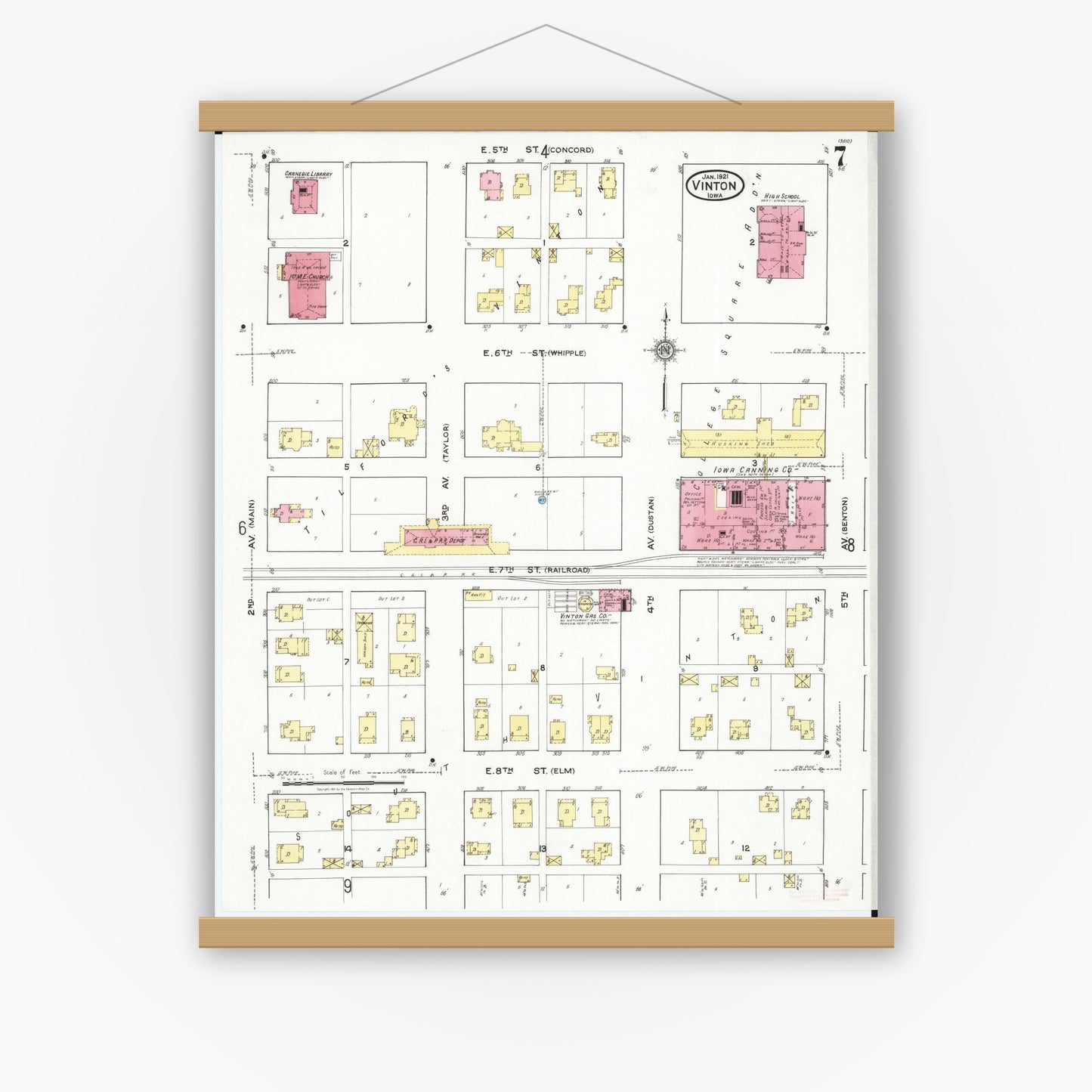 Old map wall art mockup — magnetic wood frame on white wall — Sanborn Fire Insurance Map from Vinton, Benton County, Iowa (1921), Sheet #0007