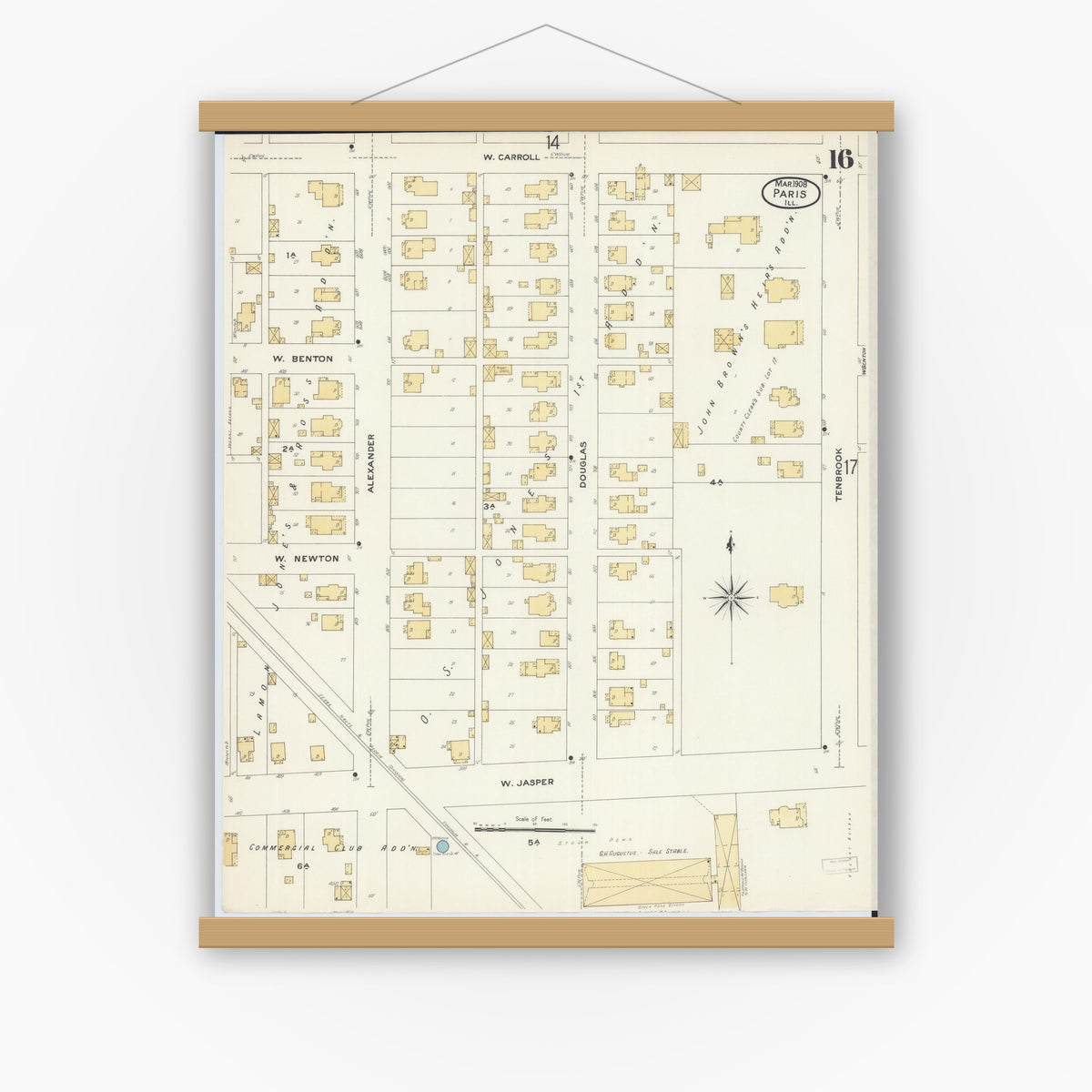 Old map wall art mockup — magnetic wood frame on white wall — Sanborn Fire Insurance Map from Paris, Edgar County, Illinois (1908), Sheet #0016