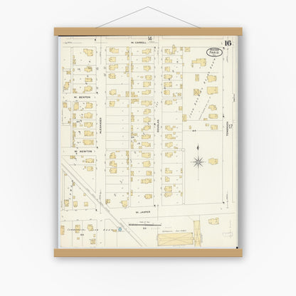 Old map wall art mockup — magnetic wood frame on white wall — Sanborn Fire Insurance Map from Paris, Edgar County, Illinois (1908), Sheet #0016