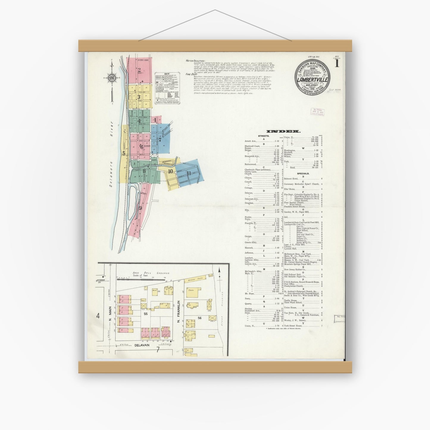 Old map wall art mockup — magnetic wood frame on white wall — Sanborn Fire Insurance Map from Lambertville, Hunterdon County, New Jersey (1912) - Complete Map Set