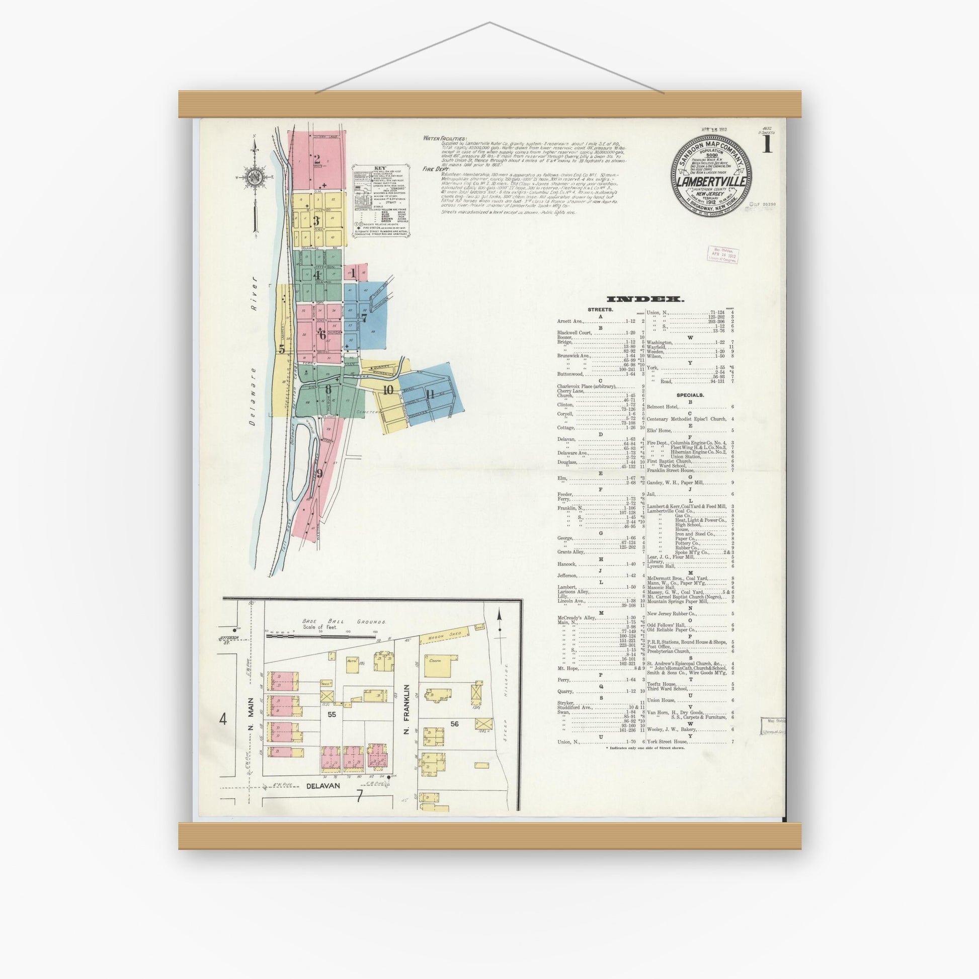 Old map wall art mockup — magnetic wood frame on white wall — Sanborn Fire Insurance Map from Lambertville, Hunterdon County, New Jersey (1912) - Complete Map Set