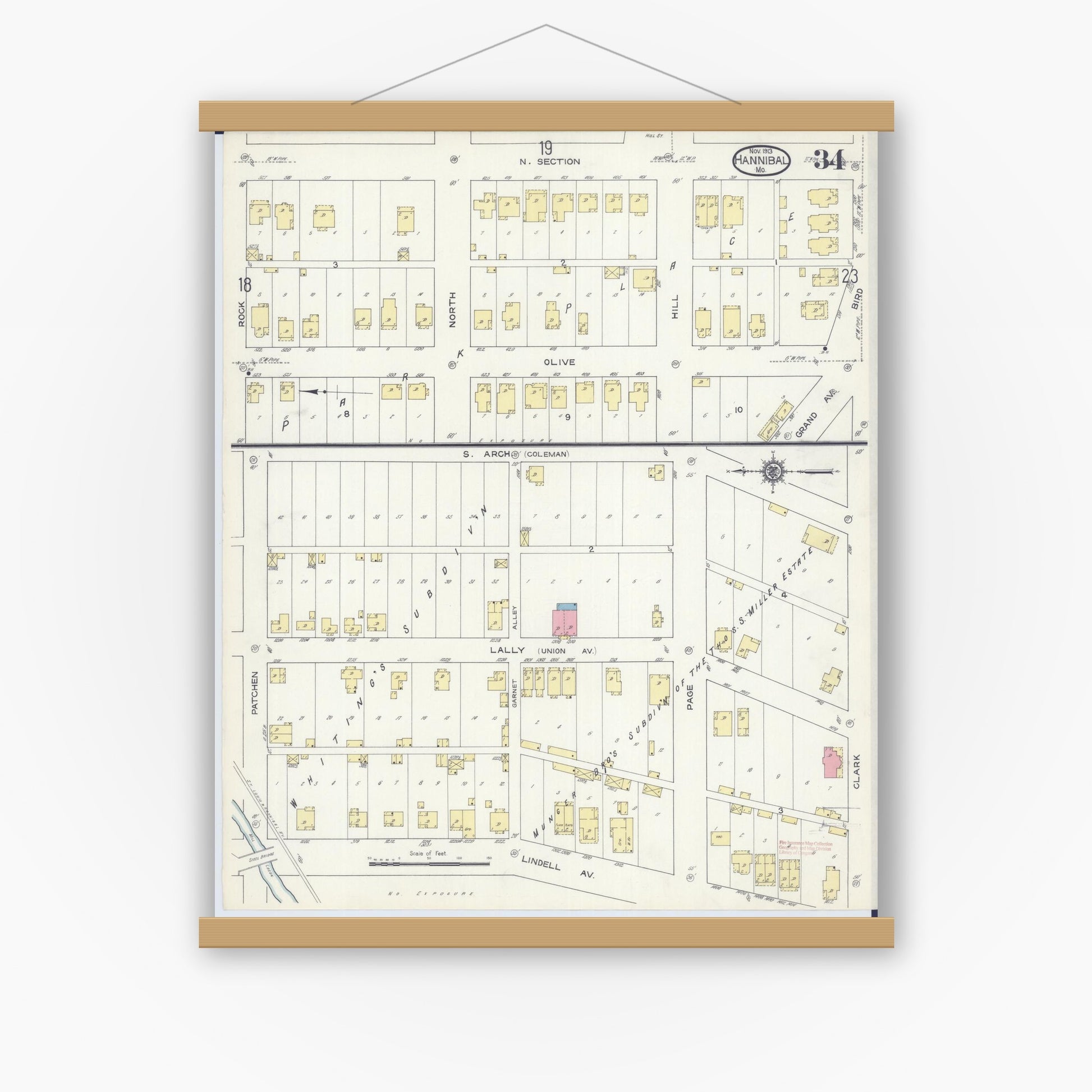 Old map wall art mockup — magnetic wood frame on white wall — Sanborn Fire Insurance Map from Hannibal, Marion County, Missouri (1913), Sheet #0034