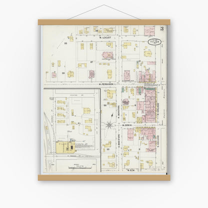 Old map wall art mockup — magnetic wood frame on white wall — Sanborn Fire Insurance Map from Tyler, Smith County, Texas (1889), Sheet #0003