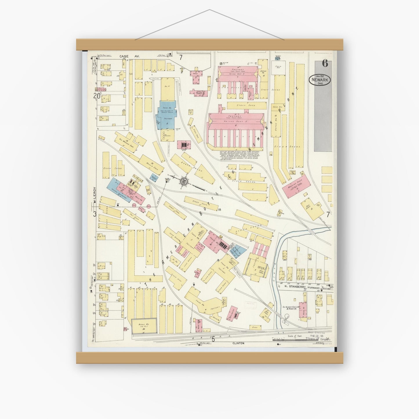 Old map wall art mockup — magnetic wood frame on white wall — Sanborn Fire Insurance Map from Newark, Licking County, Ohio (1912), Sheet #0006