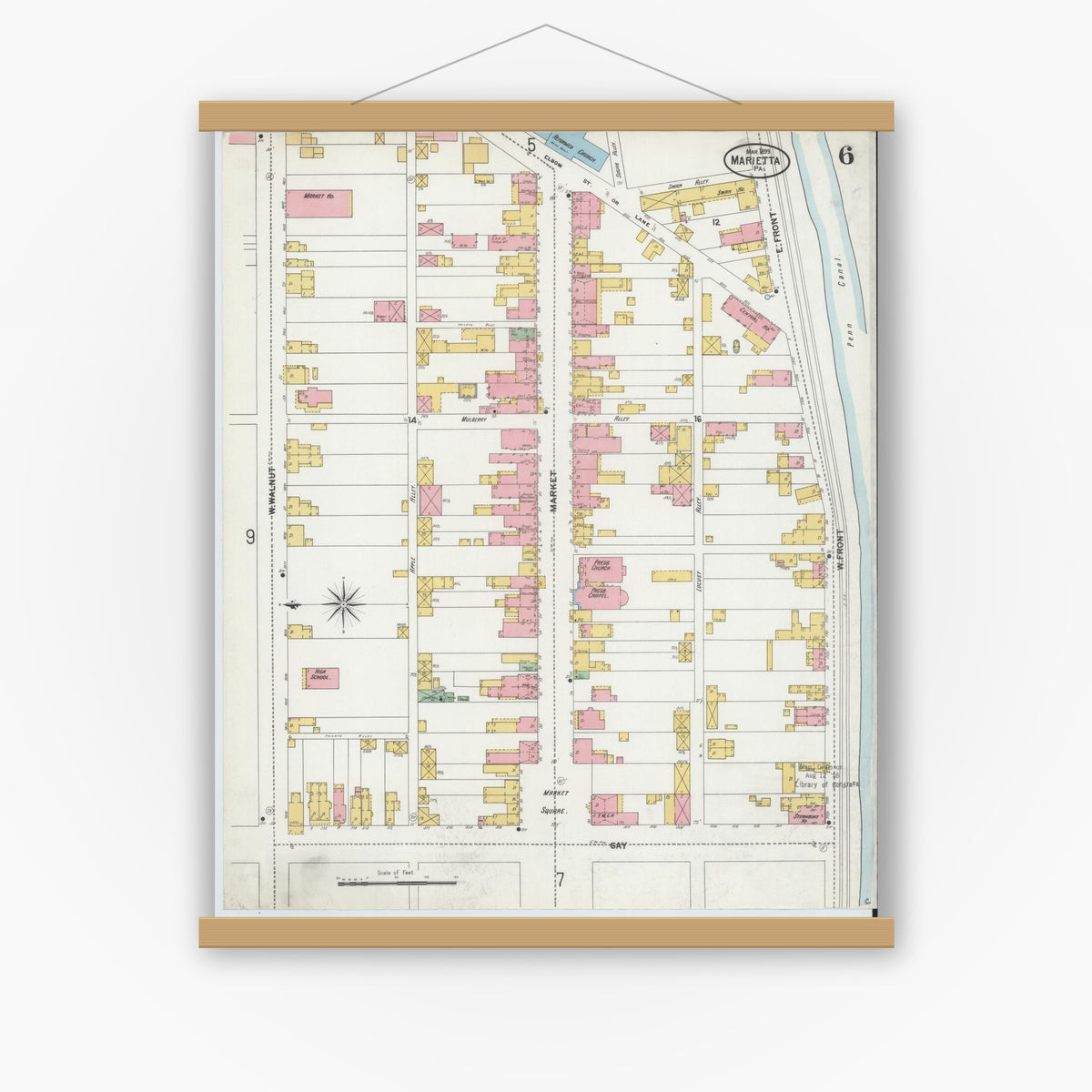 Old map wall art mockup — magnetic wood frame on white wall — Sanborn Fire Insurance Map from Marietta, Lancaster County, Pennsylvania (1899), Sheet #0006