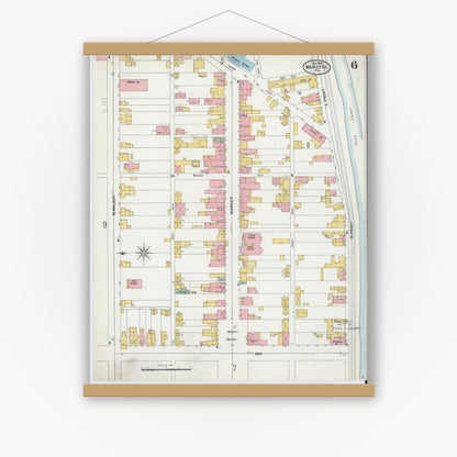 Old map wall art mockup — magnetic wood frame on white wall — Sanborn Fire Insurance Map from Marietta, Lancaster County, Pennsylvania (1899), Sheet #0006