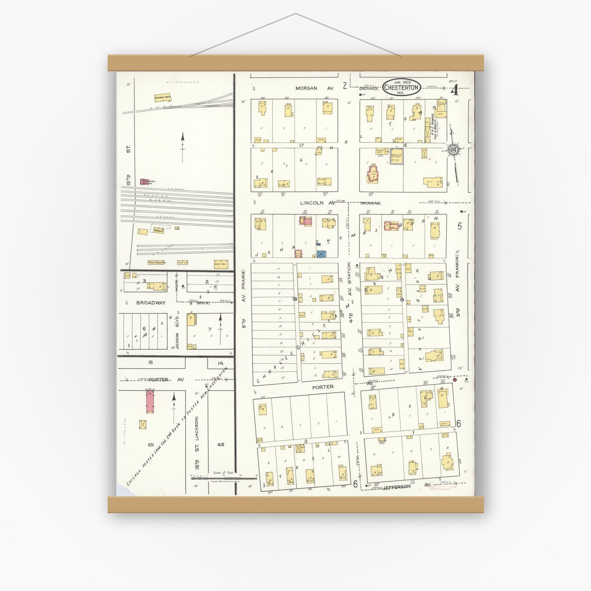 Old map wall art mockup — magnetic wood frame on white wall — Sanborn Fire Insurance Map from Chesterton, Porter County, Indiana (1922), Sheet #0004
