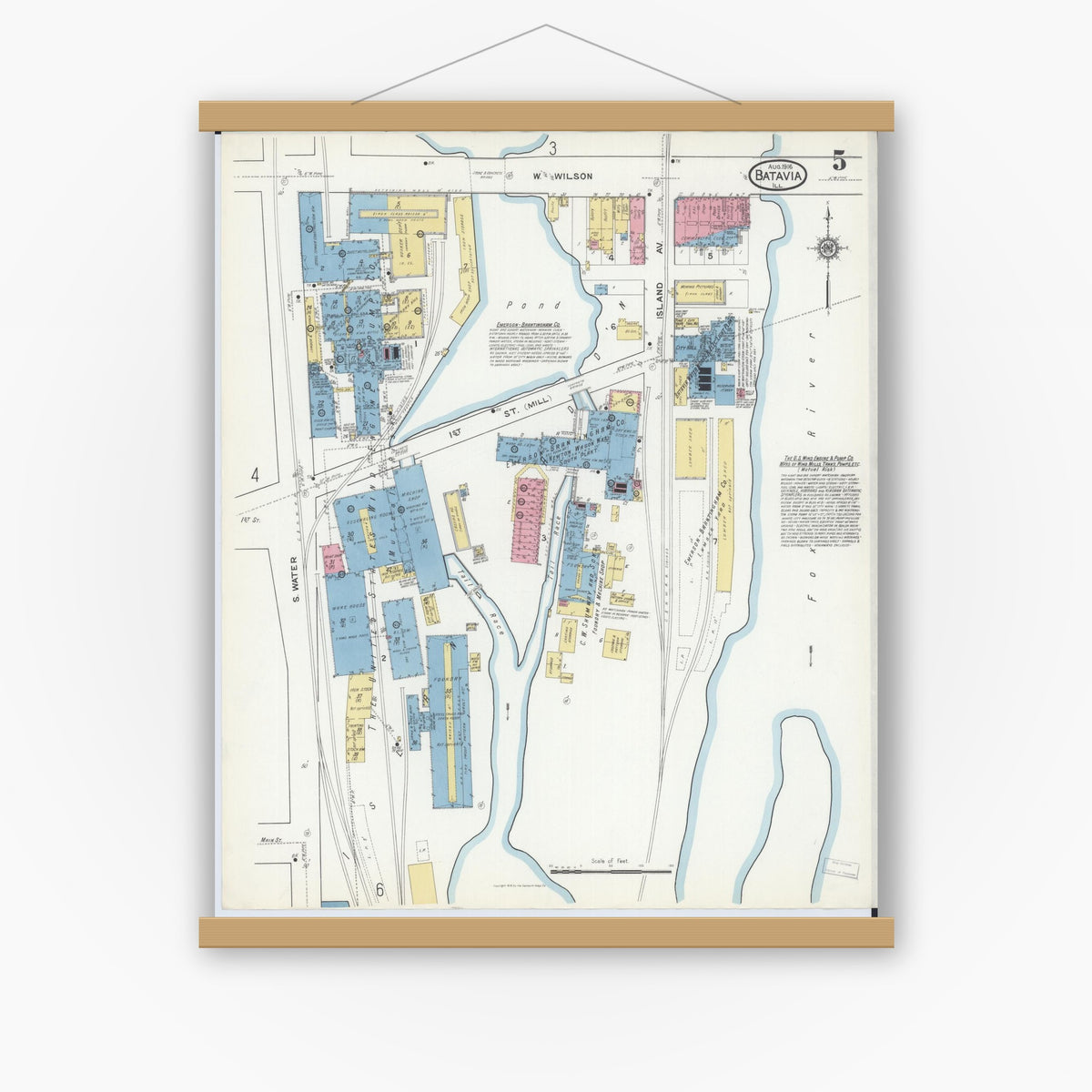 Old map wall art mockup — magnetic wood frame on white wall — Sanborn Fire Insurance Map from Batavia, Kane County, Illinois (1916), Sheet #0005