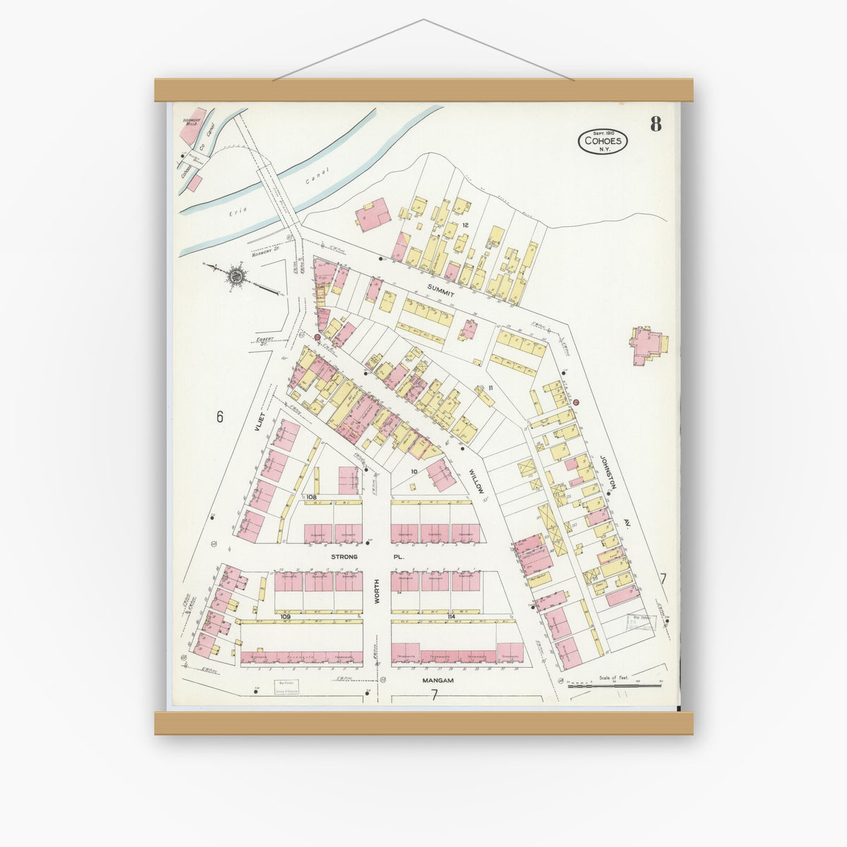 Old map wall art mockup — magnetic wood frame on white wall — Sanborn Fire Insurance Map from Cohoes, Albany County, New York (1910), Sheet #0008