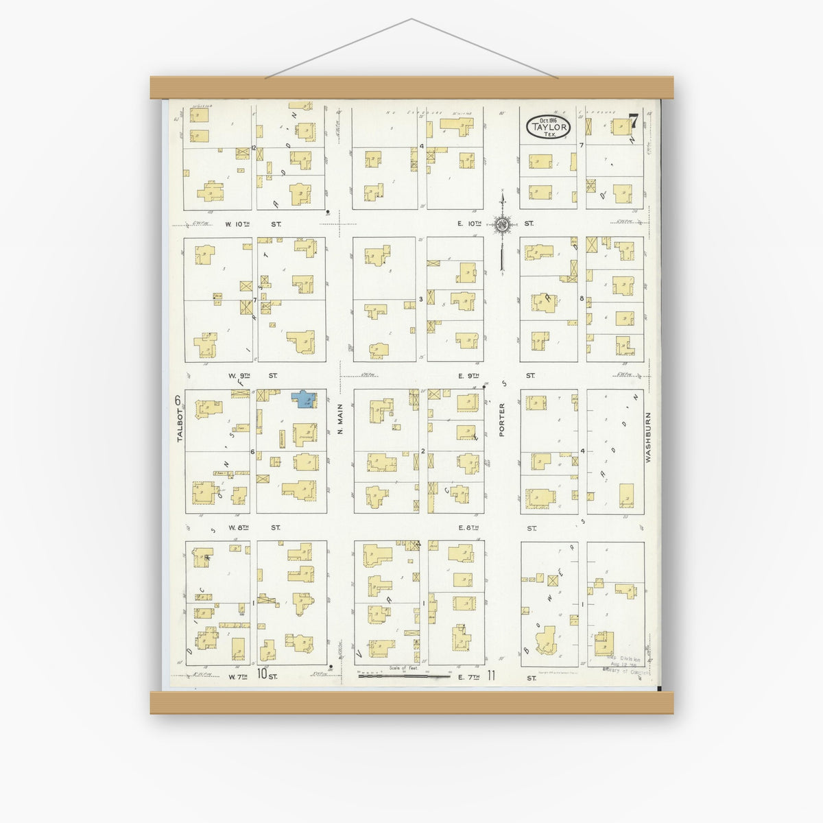 Old map wall art mockup — magnetic wood frame on white wall — Sanborn Fire Insurance Map from Taylor, Williamson County, Texas (1916), Sheet #0007