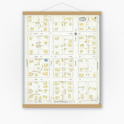 Old map wall art mockup — magnetic wood frame on white wall — Sanborn Fire Insurance Map from Taylor, Williamson County, Texas (1916), Sheet #0007