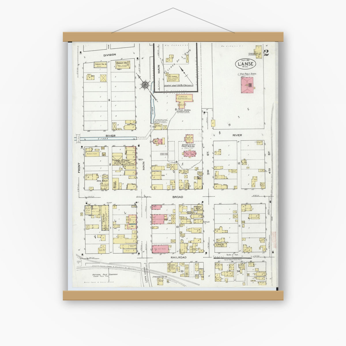 Old map wall art mockup — magnetic wood frame on white wall — Sanborn Fire Insurance Map from L'Anse, Baraga County, Michigan (1922), Sheet #0002