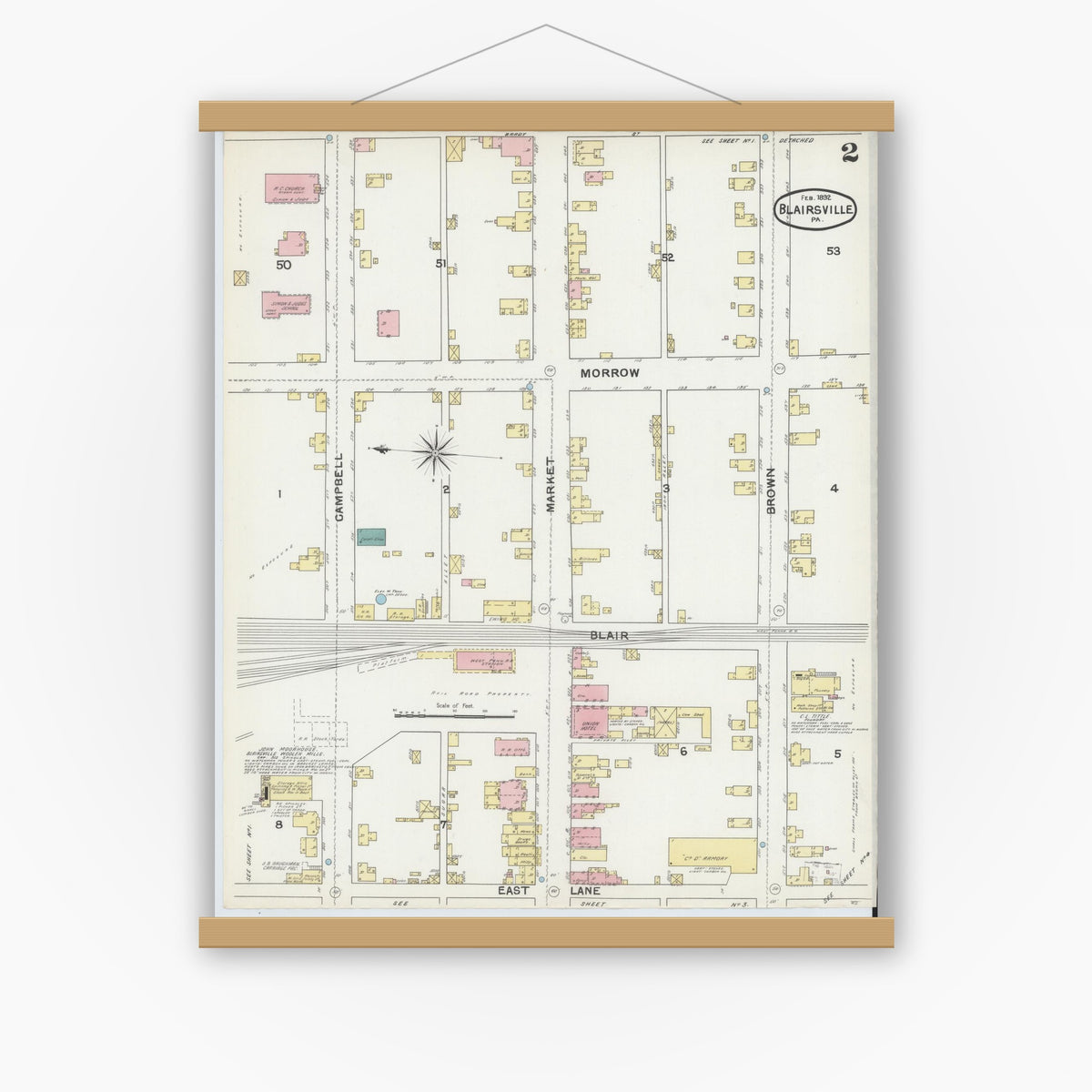 Old map wall art mockup — magnetic wood frame on white wall — Sanborn Fire Insurance Map from Blairsville, Indiana County, Pennsylvania (1892), Sheet #0002