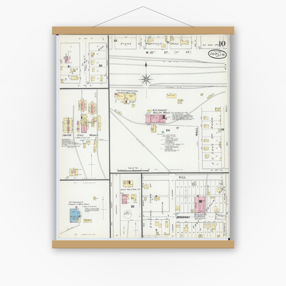 Old map wall art mockup — magnetic wood frame on white wall — Sanborn Fire Insurance Map from Joplin, Jasper County, Missouri (1891), Sheet #0010