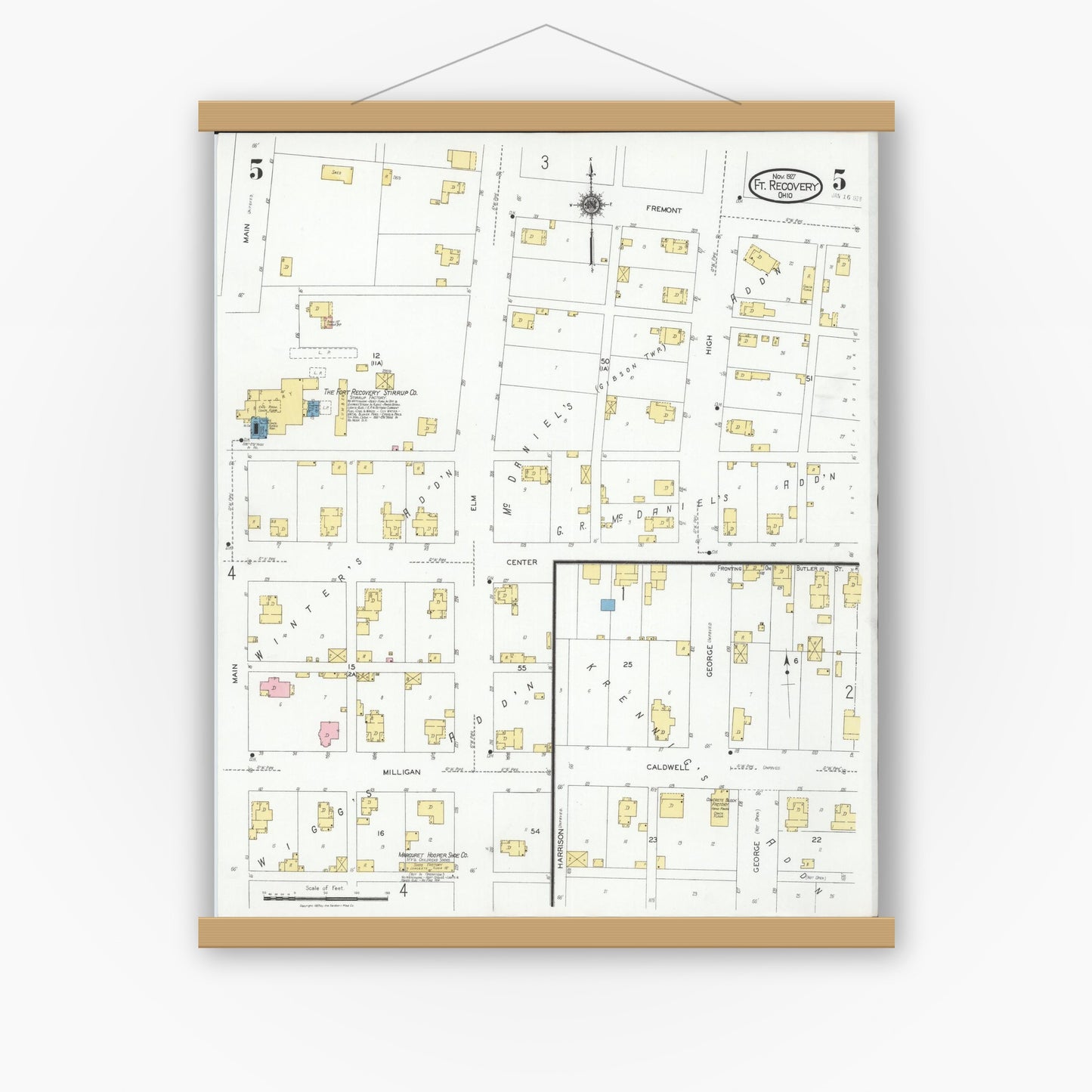 Old map wall art mockup — magnetic wood frame on white wall — Sanborn Fire Insurance Map from Fort Recovery, Mercer County, Ohio (1927), Sheet #0005