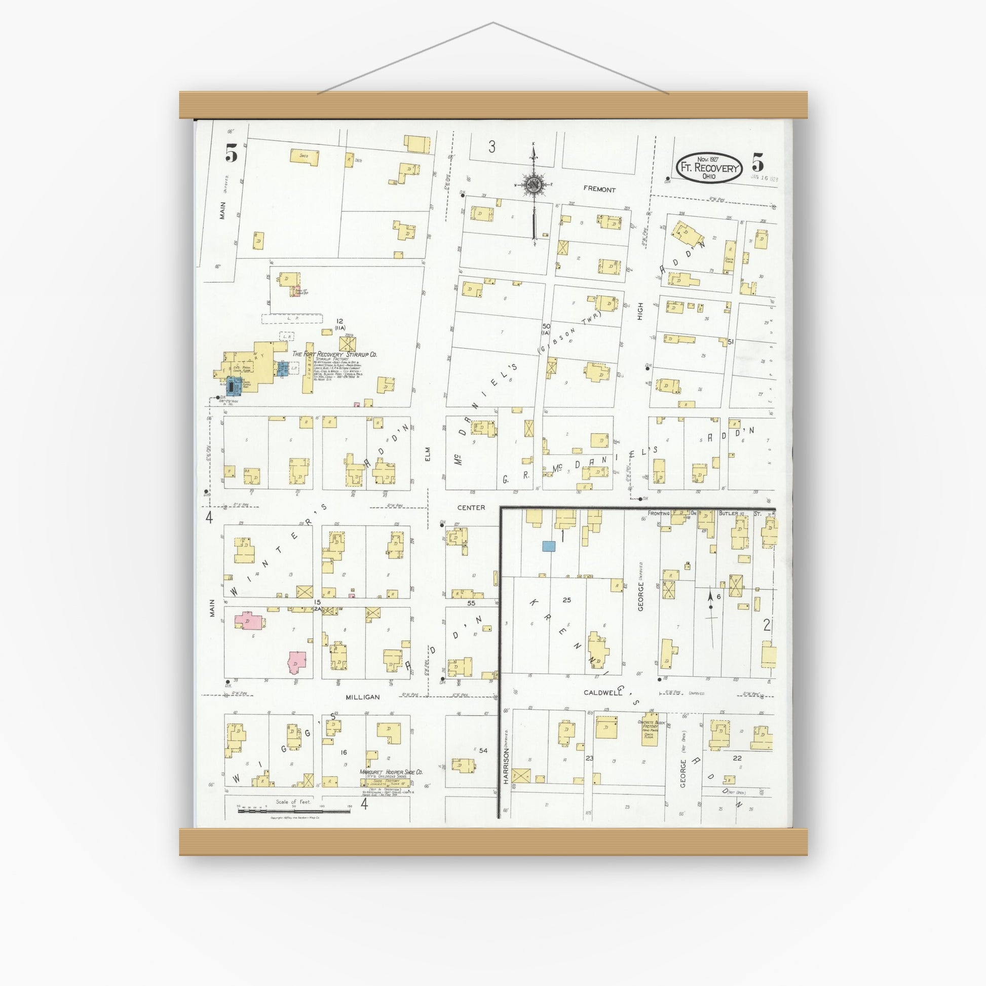 Old map wall art mockup — magnetic wood frame on white wall — Sanborn Fire Insurance Map from Fort Recovery, Mercer County, Ohio (1927), Sheet #0005