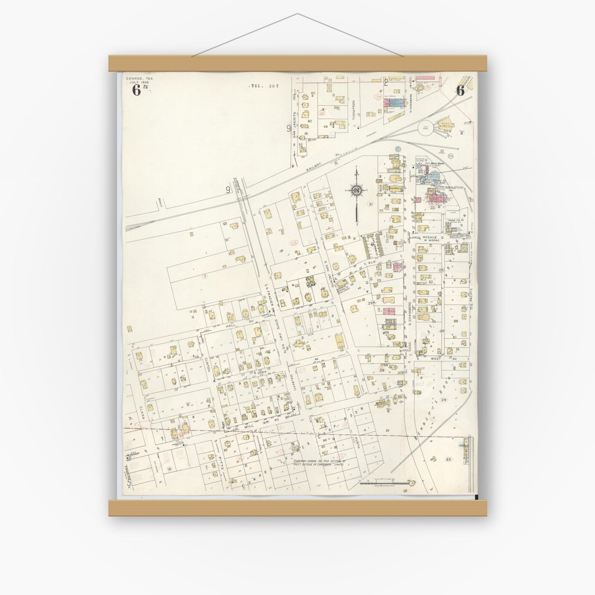 Old map wall art mockup — magnetic wood frame on white wall — Sanborn Fire Insurance Map from Conroe, Montgomery County, Texas (1943), Sheet #0006