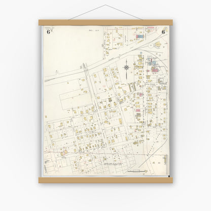 Old map wall art mockup — magnetic wood frame on white wall — Sanborn Fire Insurance Map from Conroe, Montgomery County, Texas (1943), Sheet #0006