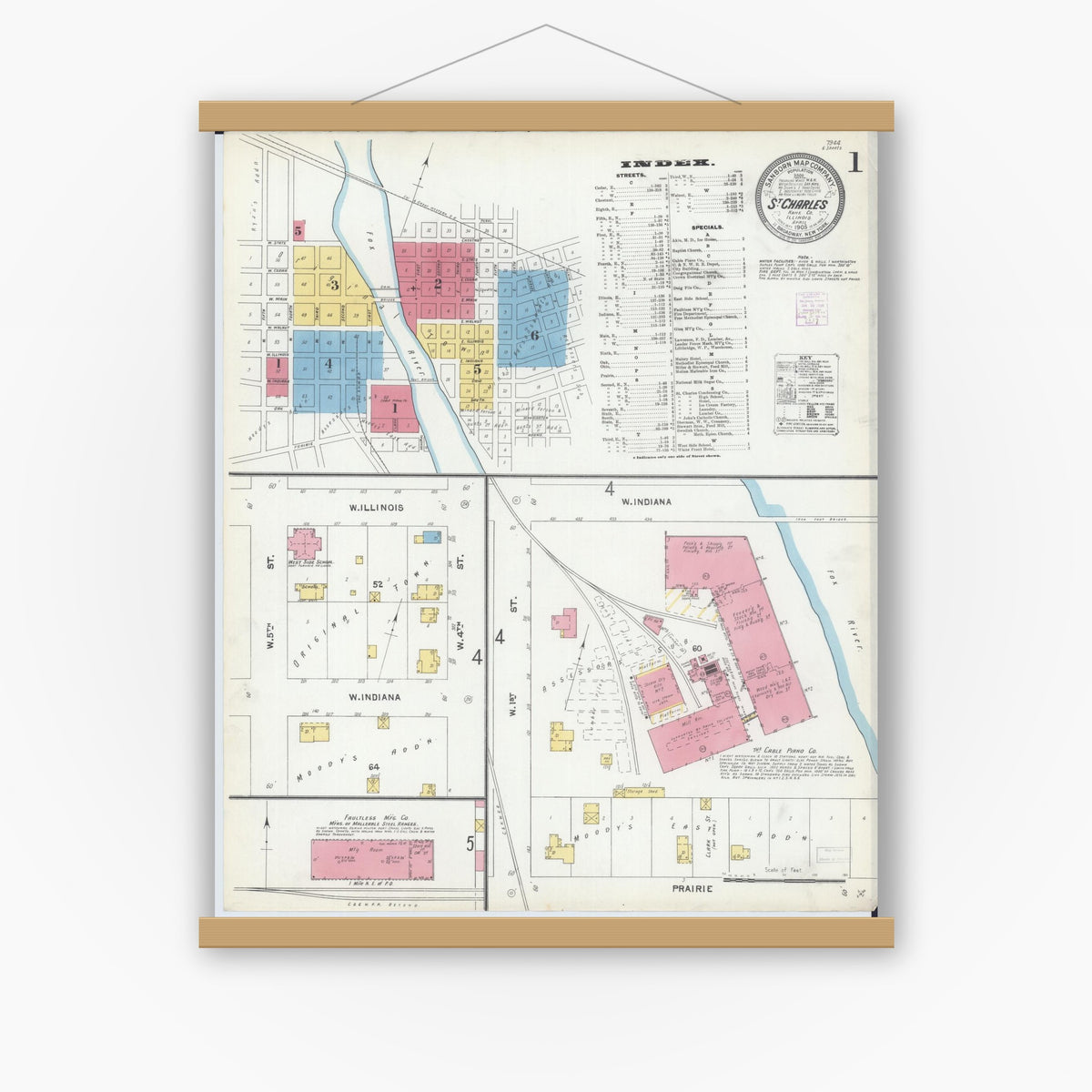 Old map wall art mockup — magnetic wood frame on white wall — Sanborn Fire Insurance Map from Saint Charles, Kane County, Illinois (1905), Sheet #0001