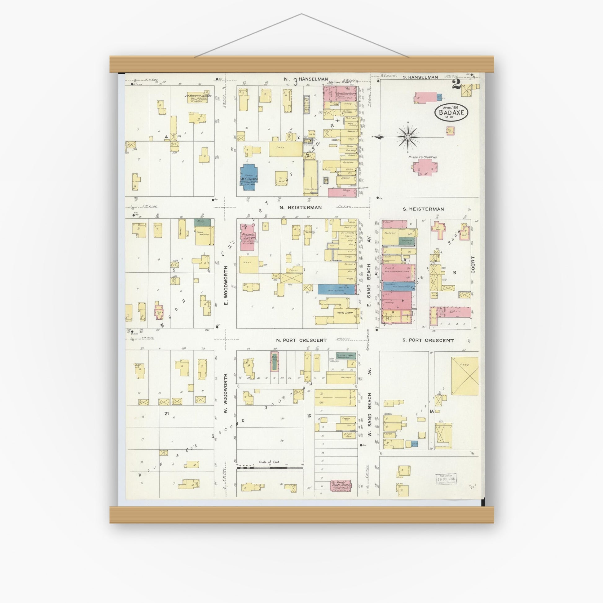 Old map wall art mockup — magnetic wood frame on white wall — Sanborn Fire Insurance Map from Bad Axe, Huron County, Michigan (1909), Sheet #0002