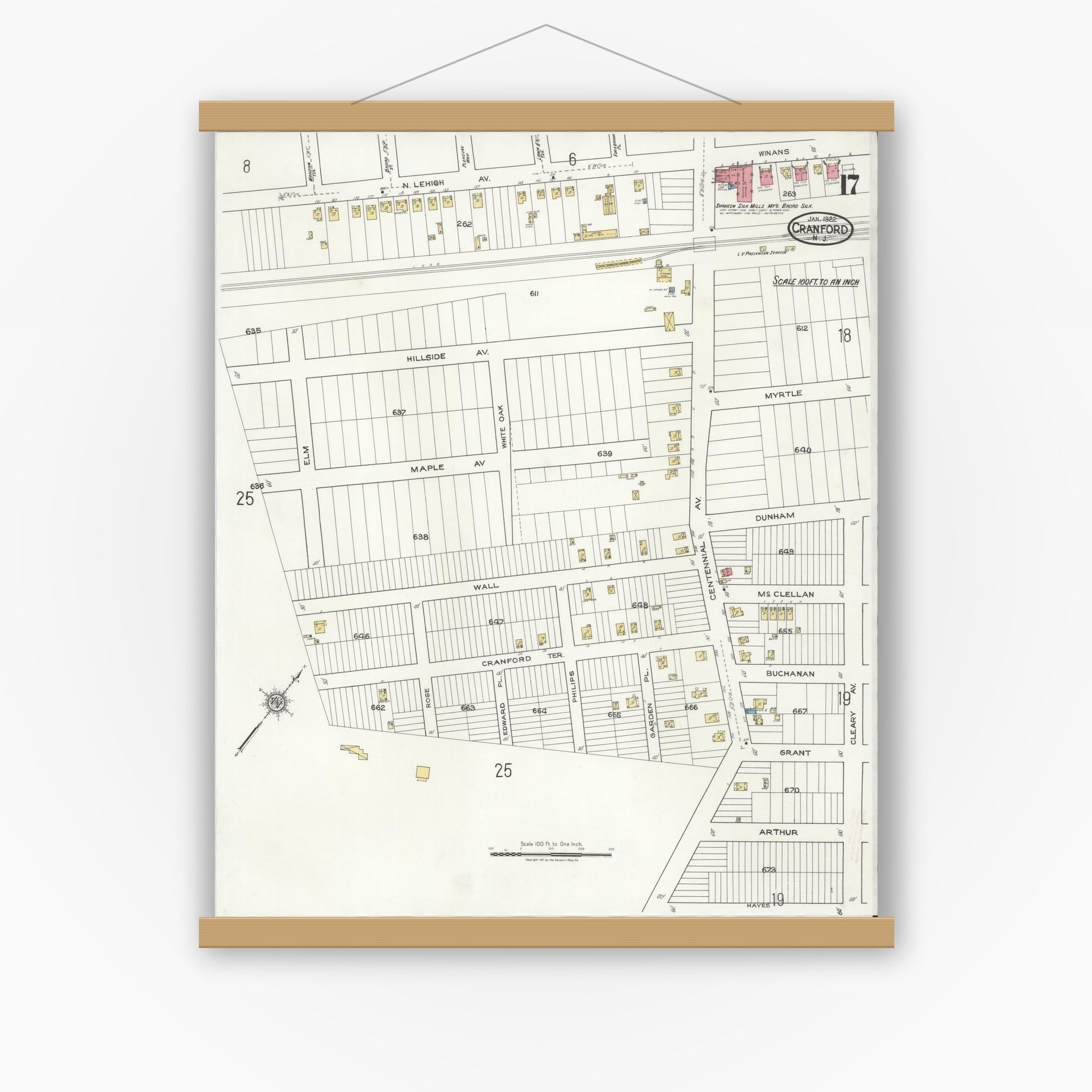 Old map wall art mockup — magnetic wood frame on white wall — Sanborn Fire Insurance Map from Cranford, Union County, New Jersey (1922), Sheet #0017