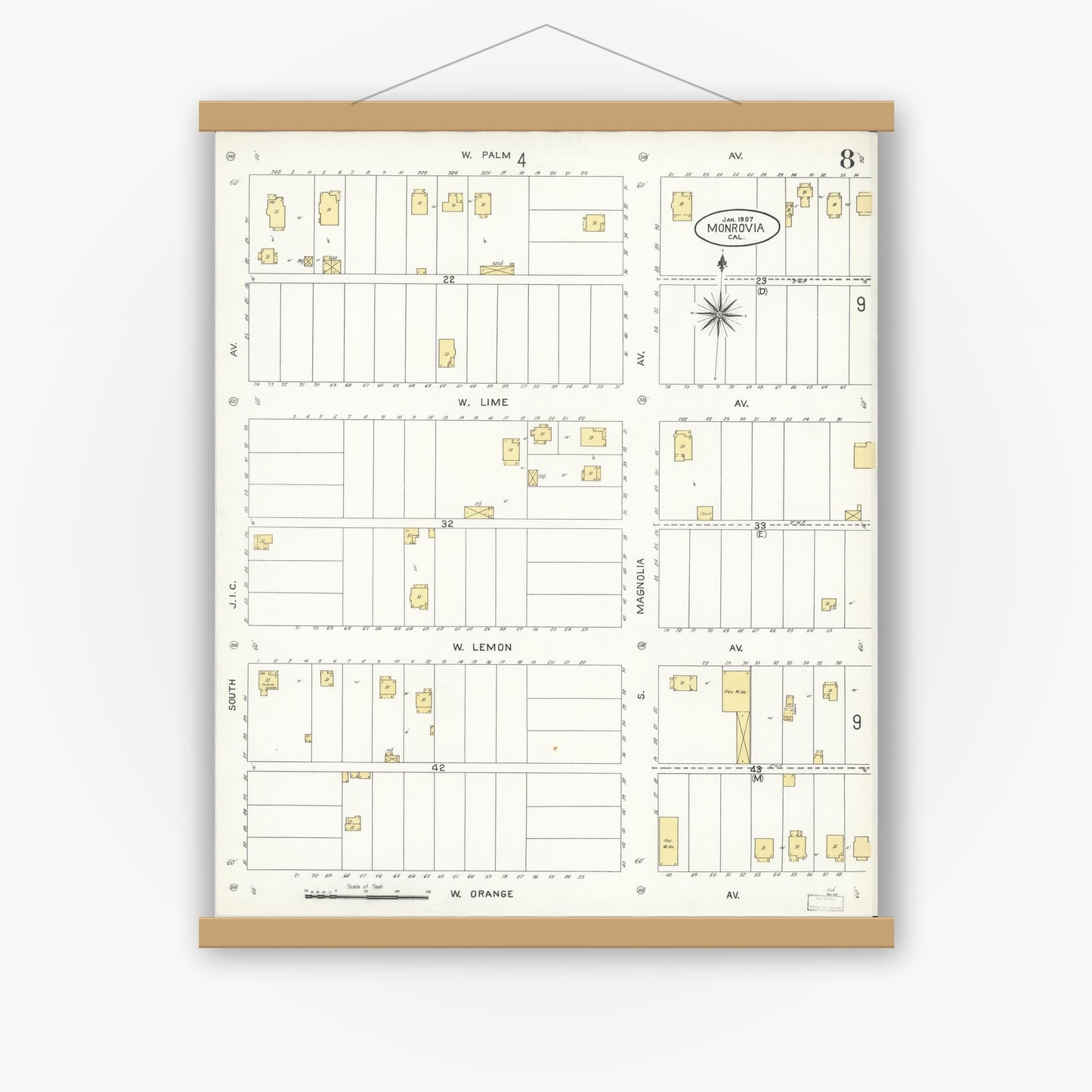 Old map wall art mockup — magnetic wood frame on white wall — Sanborn Fire Insurance Map from Monrovia, Los Angeles County, California (1907), Sheet #0008