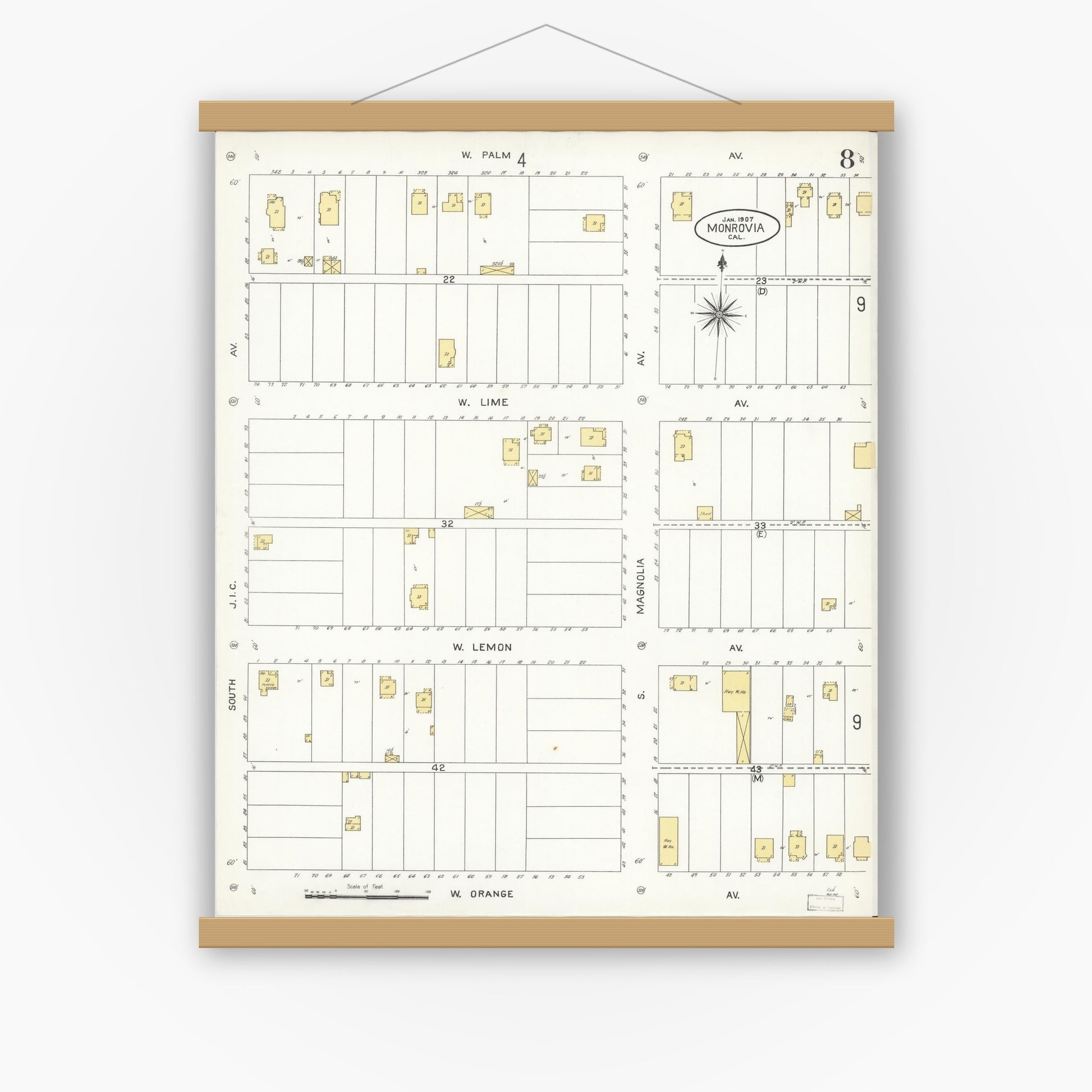 Old map wall art mockup — magnetic wood frame on white wall — Sanborn Fire Insurance Map from Monrovia, Los Angeles County, California (1907), Sheet #0008