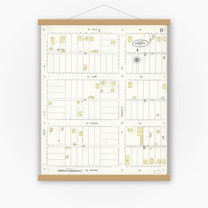 Old map wall art mockup — magnetic wood frame on white wall — Sanborn Fire Insurance Map from Monrovia, Los Angeles County, California (1907), Sheet #0008