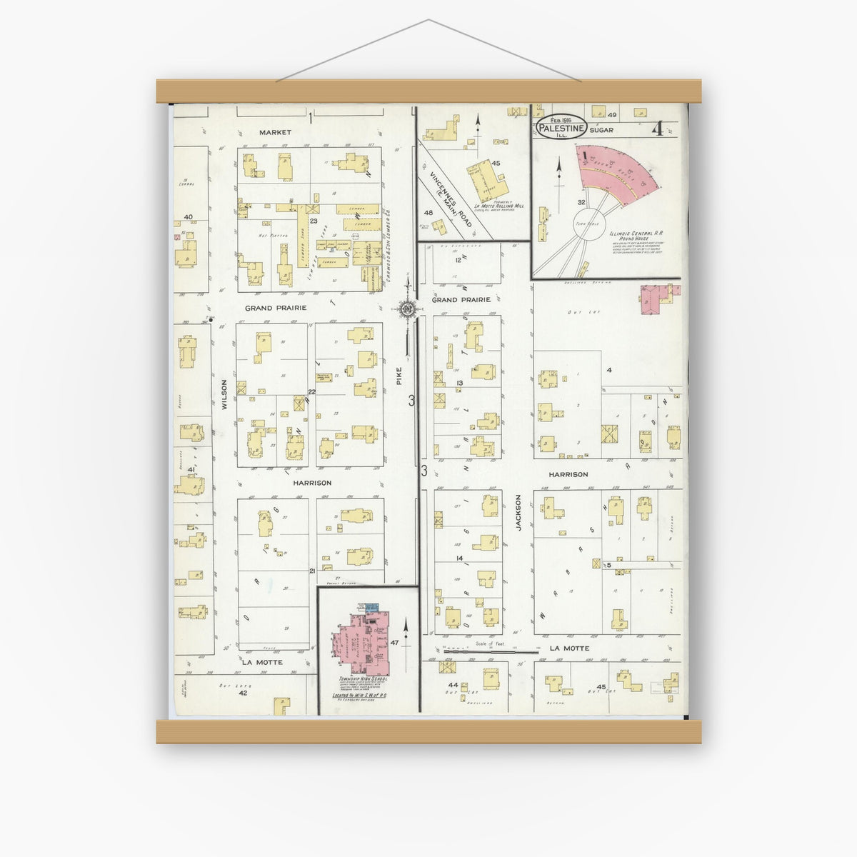 Old map wall art mockup — magnetic wood frame on white wall — Sanborn Fire Insurance Map from Palestine, Crawford County, Illinois (1916), Sheet #0004