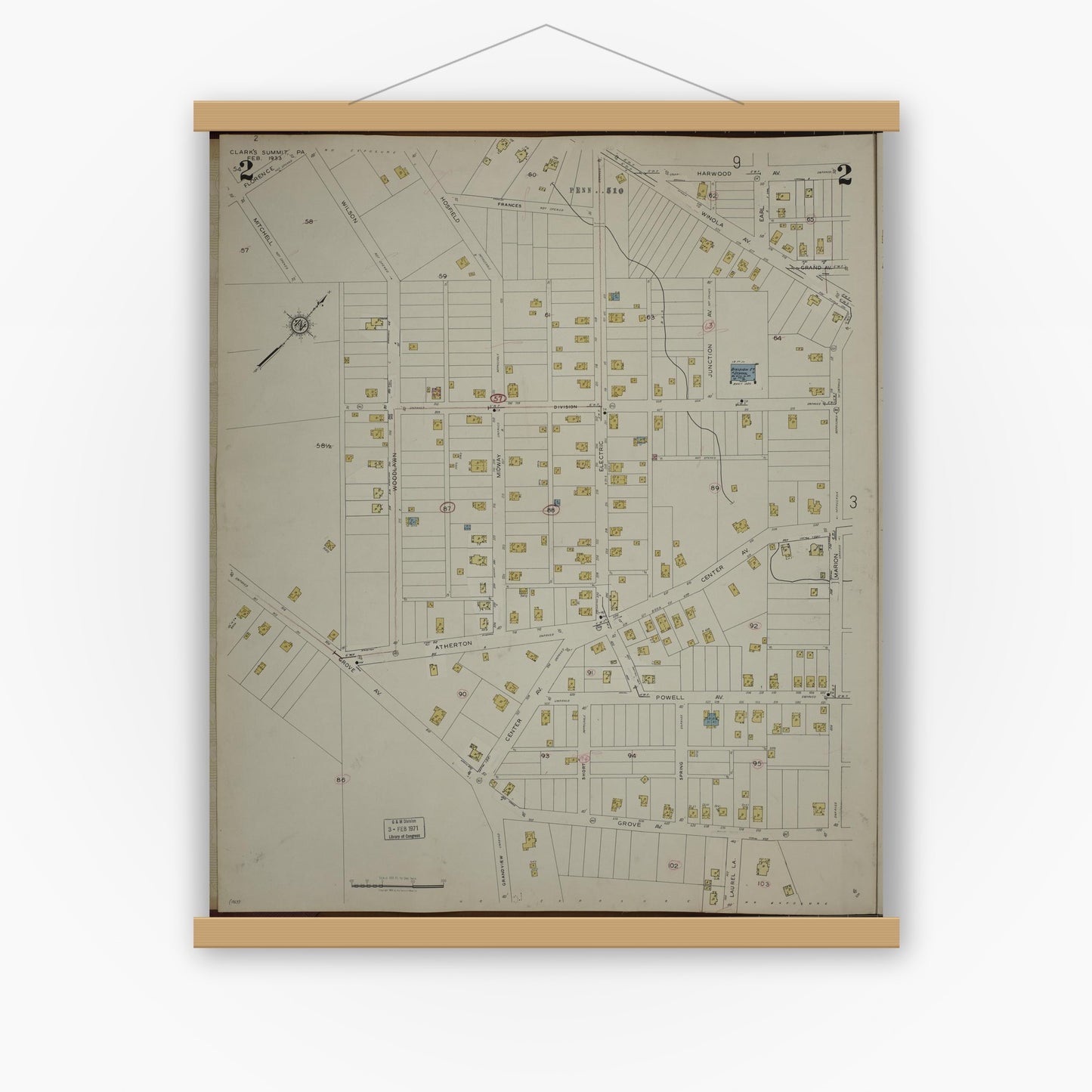 Old map wall art mockup — magnetic wood frame on white wall — Sanborn Fire Insurance Map from Clark's Summit, Lackawanna County, Pennsylvania (1942), Sheet #0002