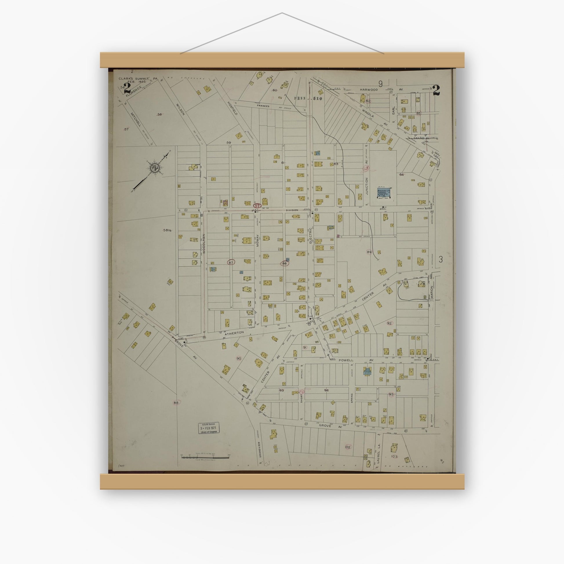 Old map wall art mockup — magnetic wood frame on white wall — Sanborn Fire Insurance Map from Clark's Summit, Lackawanna County, Pennsylvania (1942), Sheet #0002