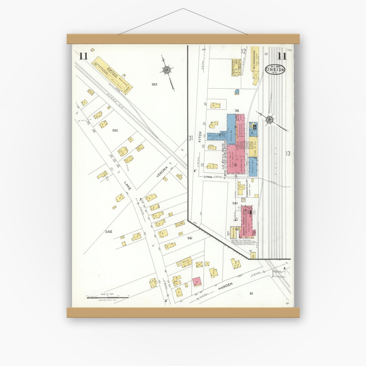 Old map wall art mockup — magnetic wood frame on white wall — Sanborn Fire Insurance Map from Oneida, Madison County, New York (1923), Sheet #0011