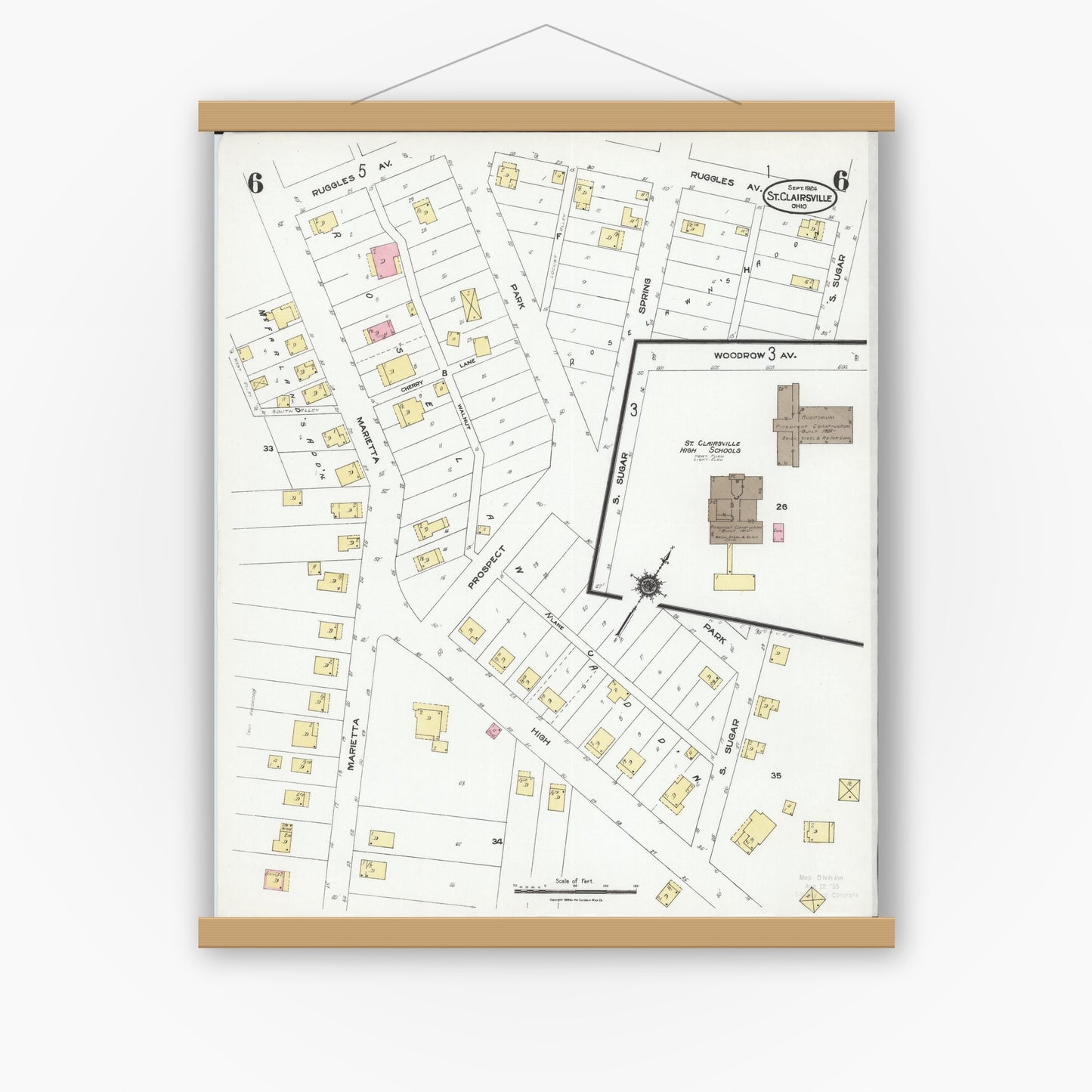 Old map wall art mockup — magnetic wood frame on white wall — Sanborn Fire Insurance Map from Saint Clairsville, Belmont County, Ohio (1924), Sheet #0006