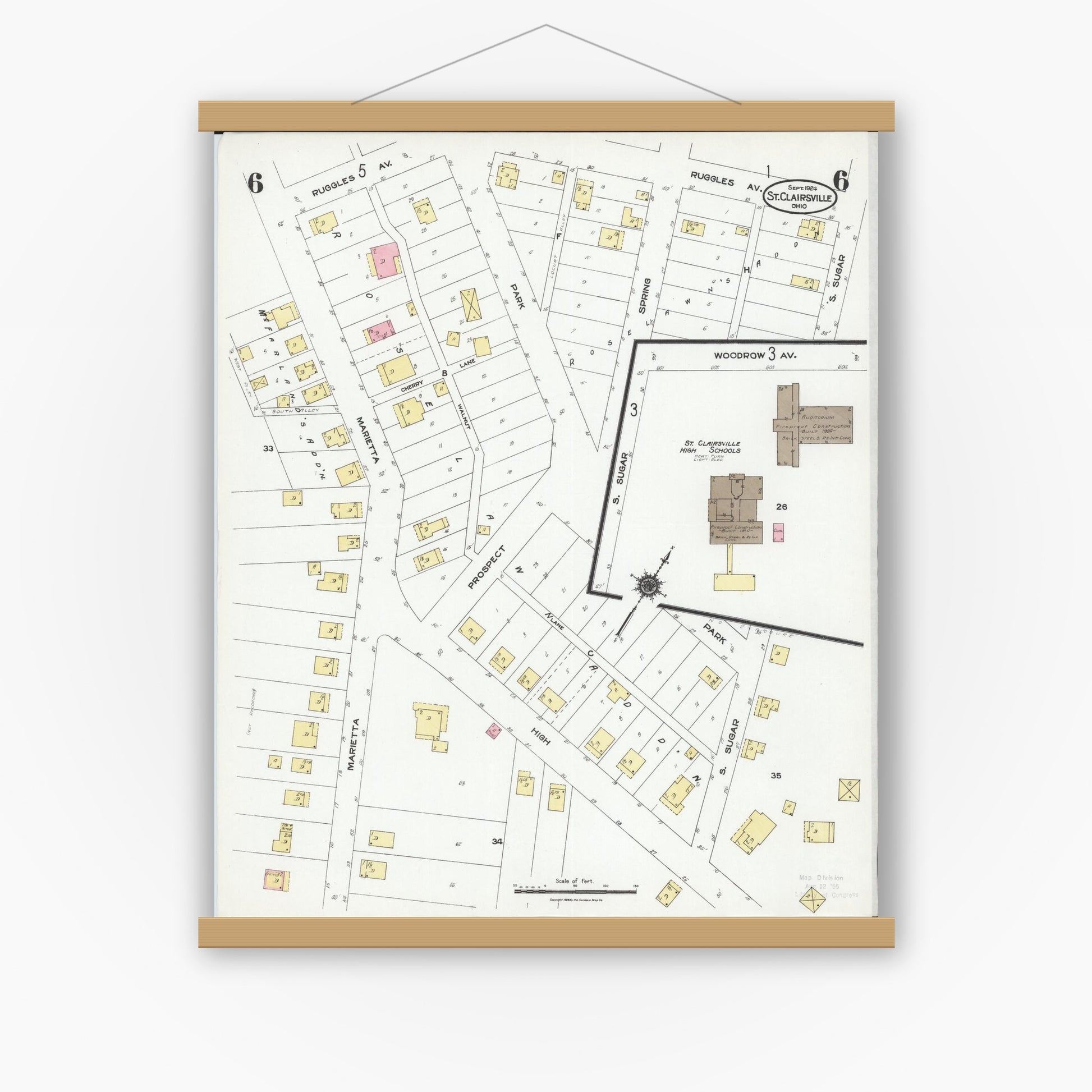Old map wall art mockup — magnetic wood frame on white wall — Sanborn Fire Insurance Map from Saint Clairsville, Belmont County, Ohio (1924), Sheet #0006