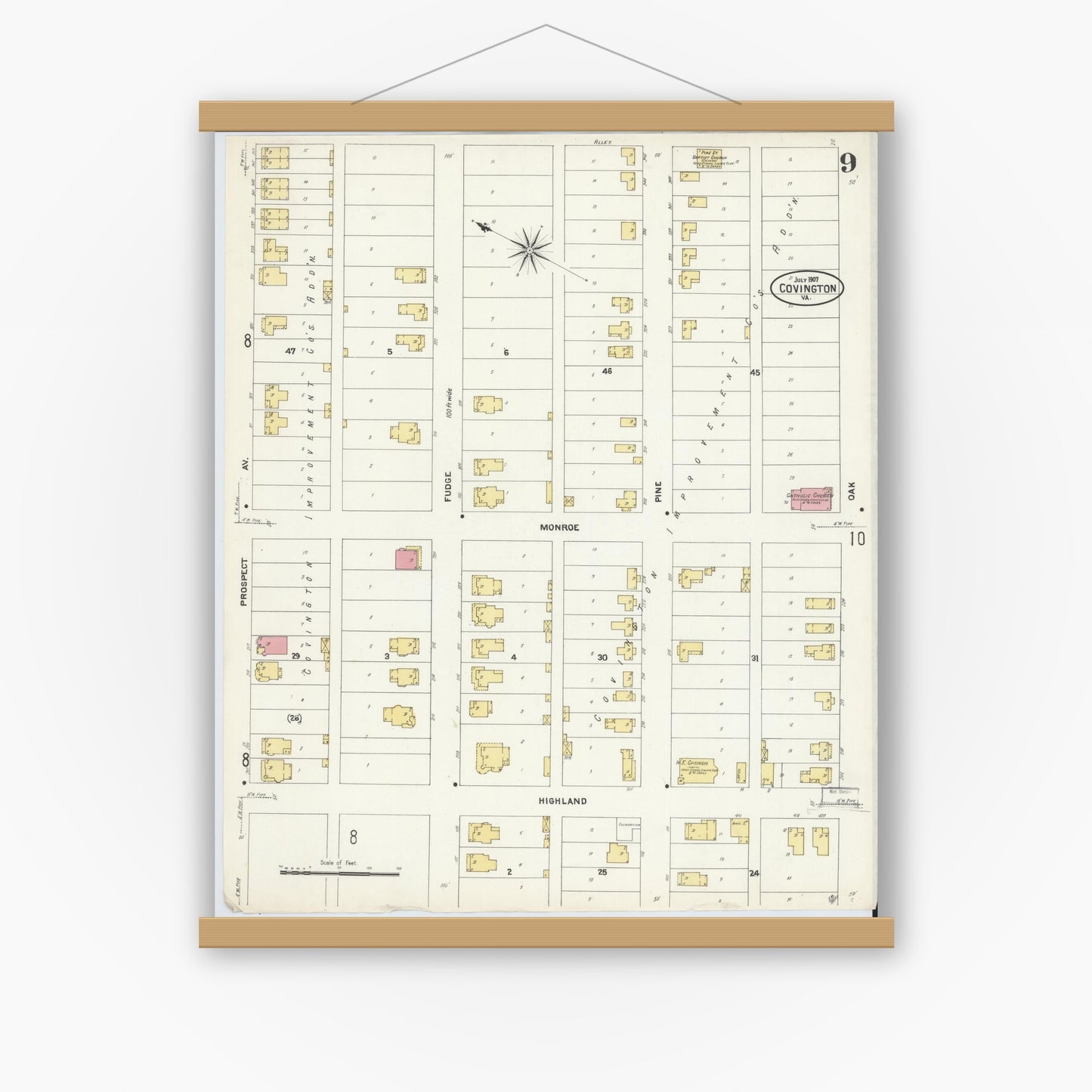 Old map wall art mockup — magnetic wood frame on white wall — Sanborn Fire Insurance Map from Covington, Independent Cities, Virginia (1907), Sheet #0009