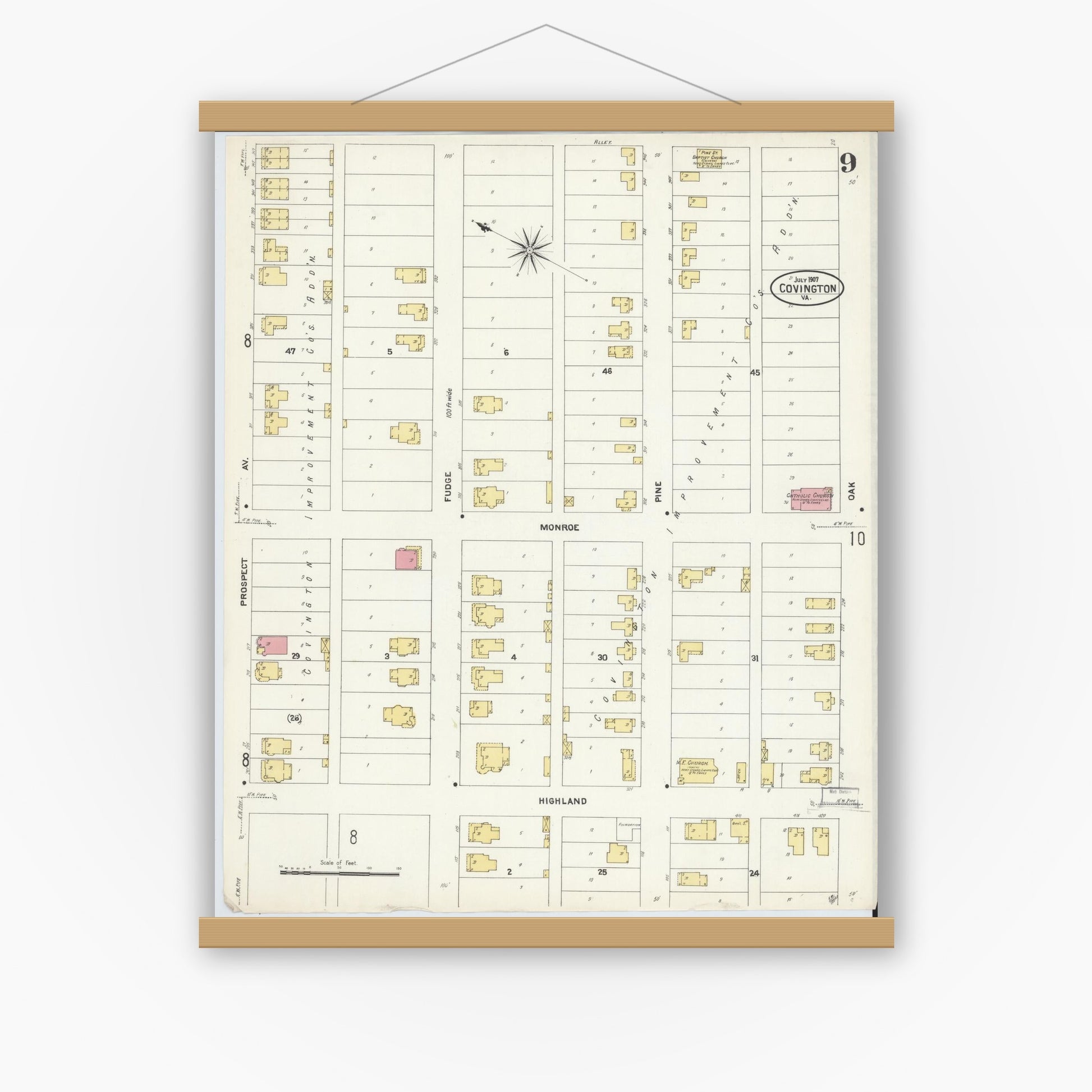Old map wall art mockup — magnetic wood frame on white wall — Sanborn Fire Insurance Map from Covington, Independent Cities, Virginia (1907), Sheet #0009