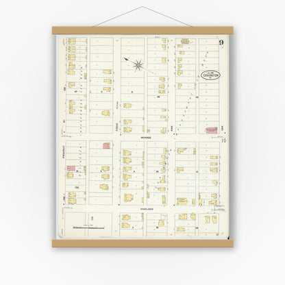 Old map wall art mockup — magnetic wood frame on white wall — Sanborn Fire Insurance Map from Covington, Independent Cities, Virginia (1907), Sheet #0009