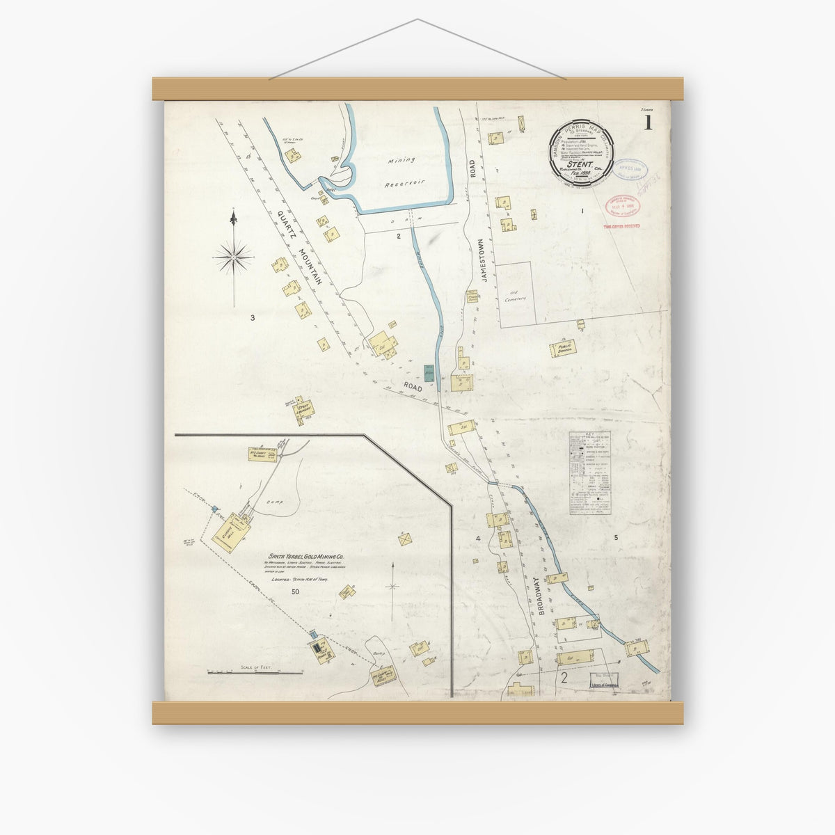 Old map wall art mockup — magnetic wood frame on white wall — Sanborn Fire Insurance Map from Stent, Tuolomne County, California (1898) - Complete Map Set